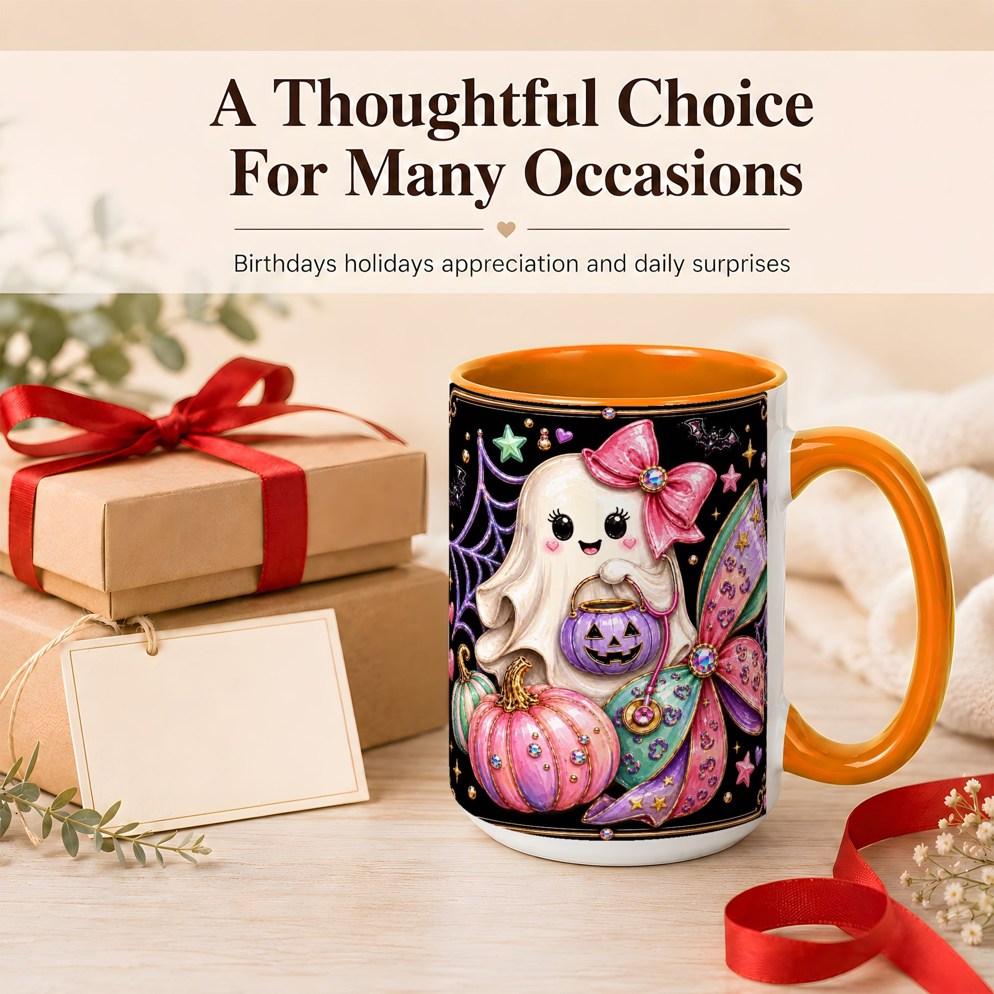 #pl[15oz|Orange] Ghost Nurse Coffee Mug, Cute Halloween Mug, Ceramic Cup