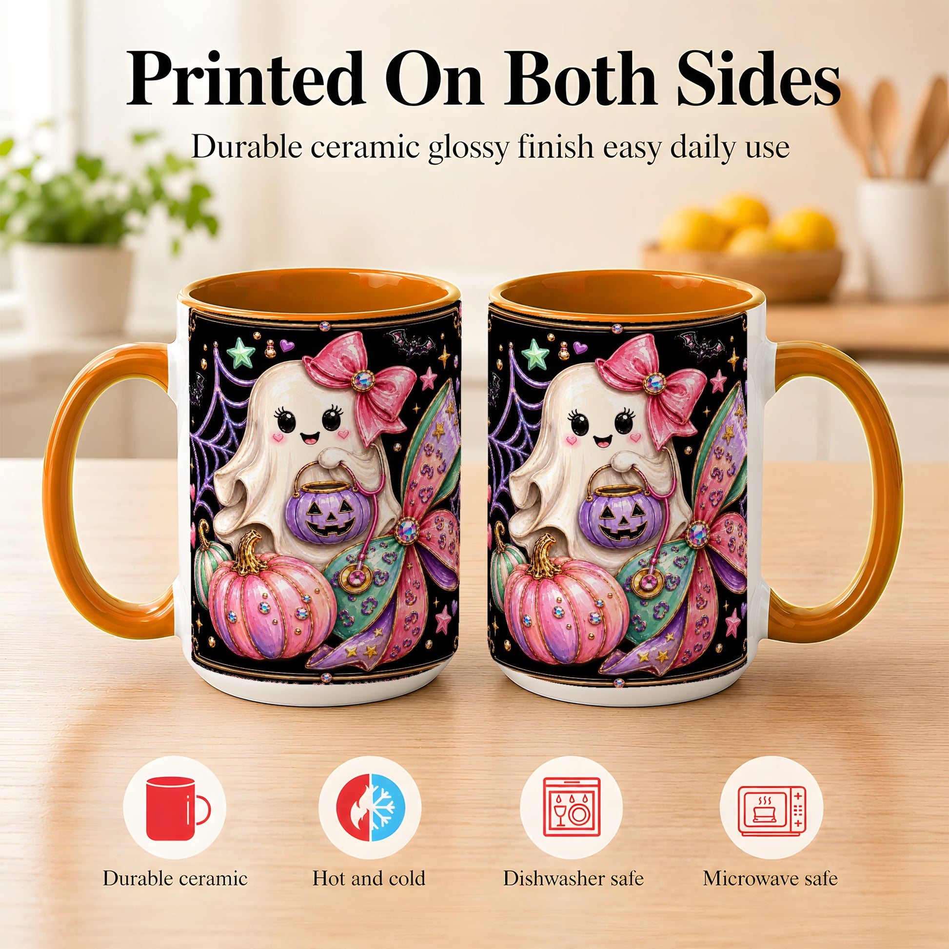#pl[15oz|Orange] Ghost Nurse Coffee Mug, Cute Halloween Mug, Ceramic Cup