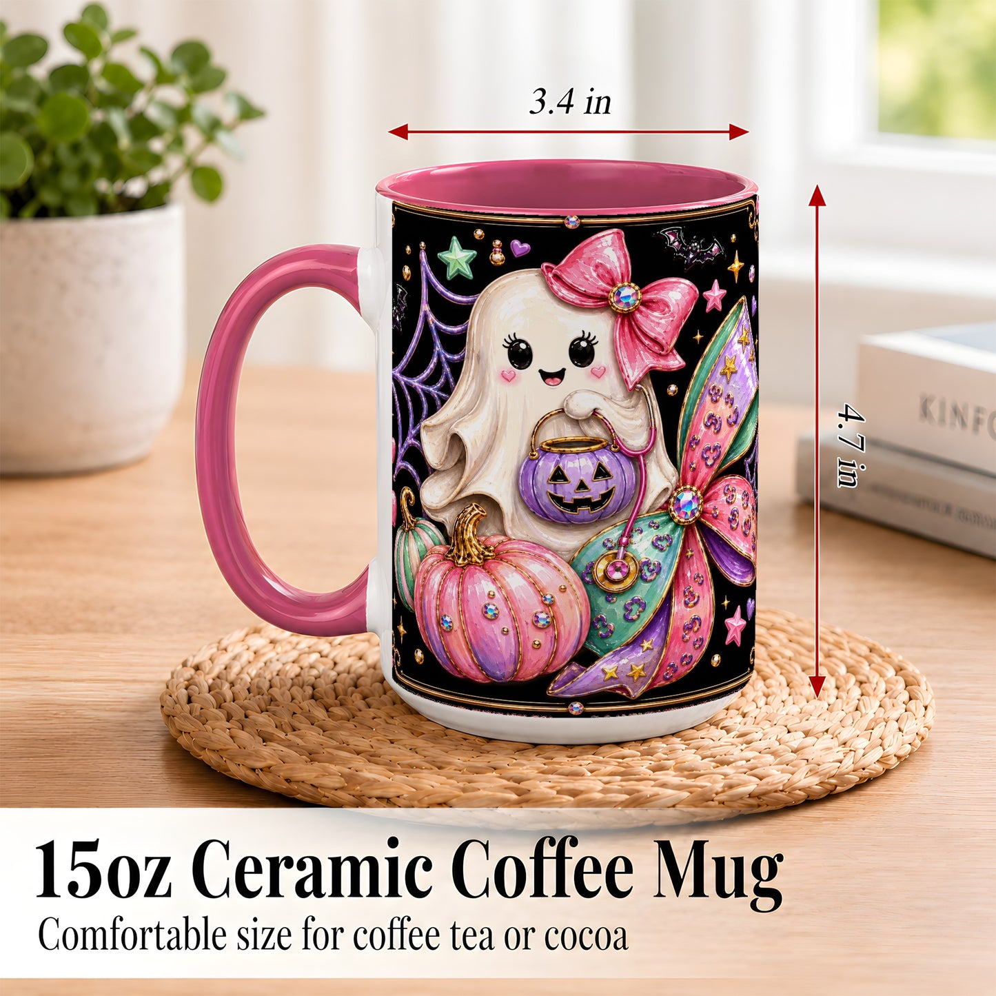 #pl[15oz|Pink] Ghost Nurse Coffee Mug, Cute Halloween Mug, Ceramic Cup