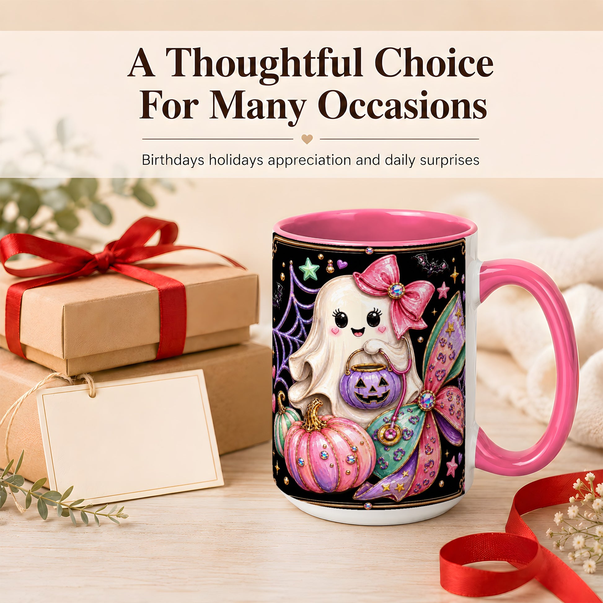 #pl[15oz|Pink] Ghost Nurse Coffee Mug, Cute Halloween Mug, Ceramic Cup