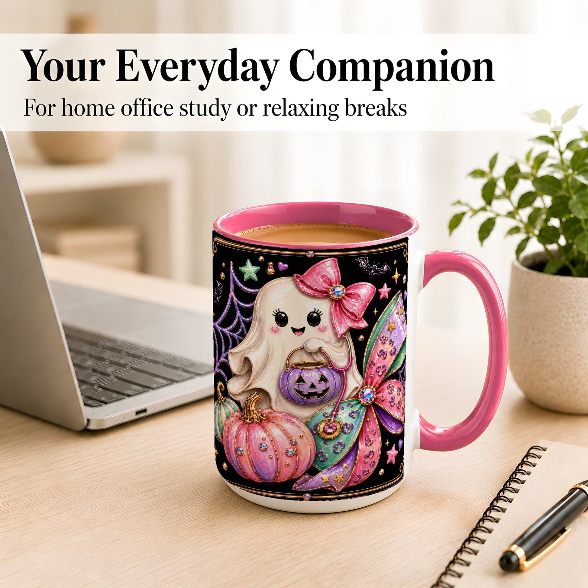 #pl[15oz|Pink] Ghost Nurse Coffee Mug, Cute Halloween Mug, Ceramic Cup