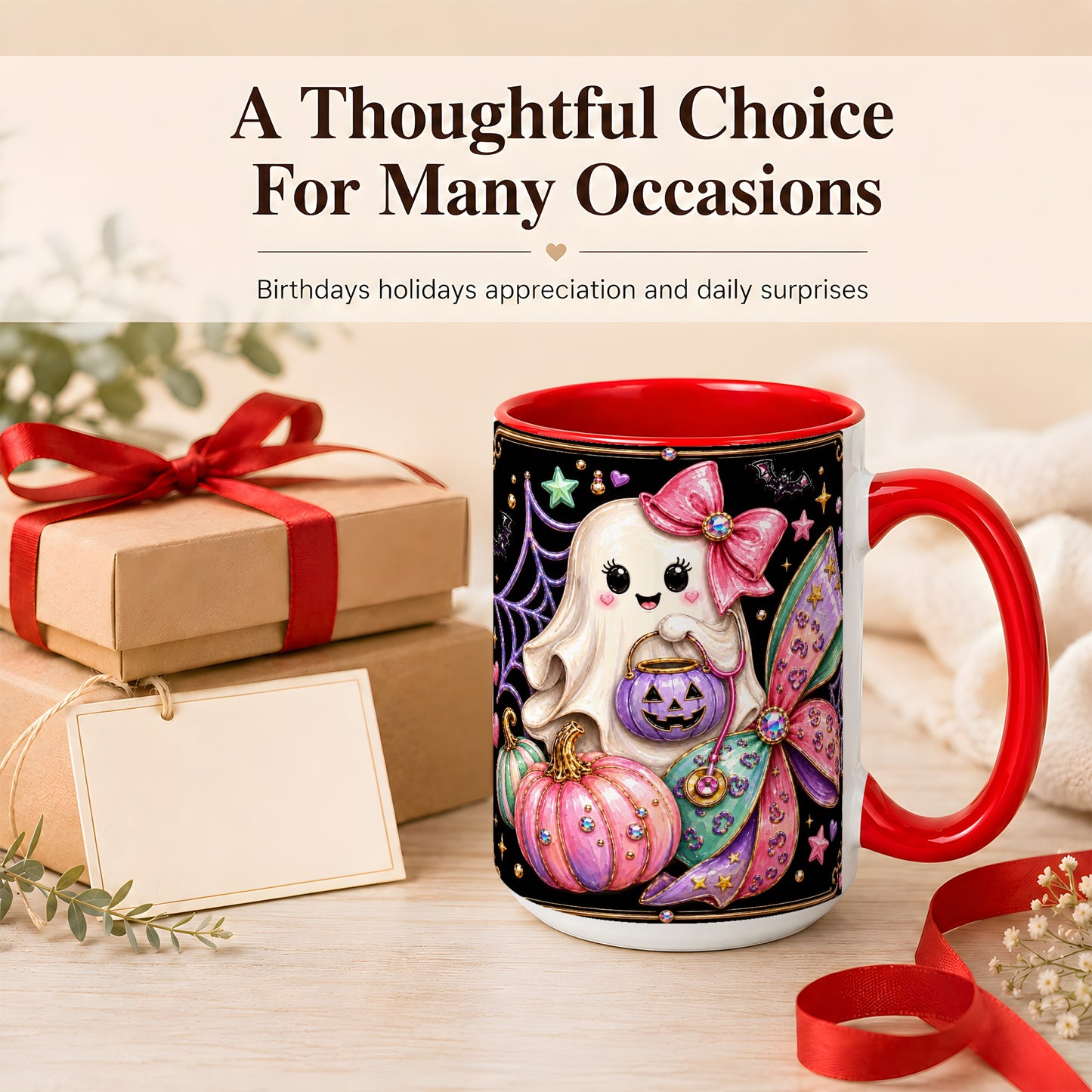 #pl[15oz|Red] Ghost Nurse Coffee Mug, Cute Halloween Mug, Ceramic Cup