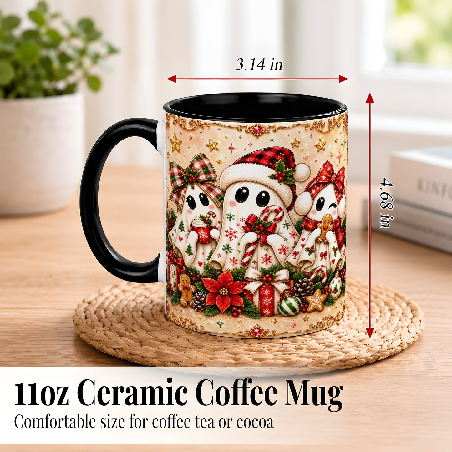 #pl[11oz|Black] Christmas Ghost Trio Coffee Mug, Holiday Ghost Mug, Ceramic Cup