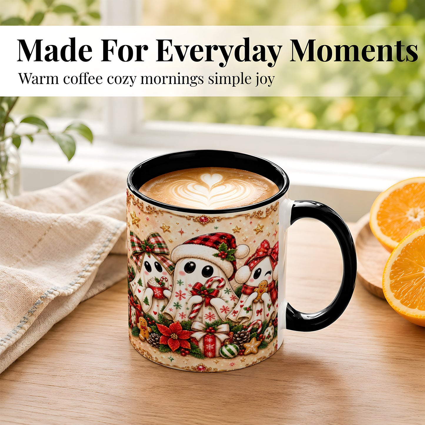 #pl[11oz|Black] Christmas Ghost Trio Coffee Mug, Holiday Ghost Mug, Ceramic Cup