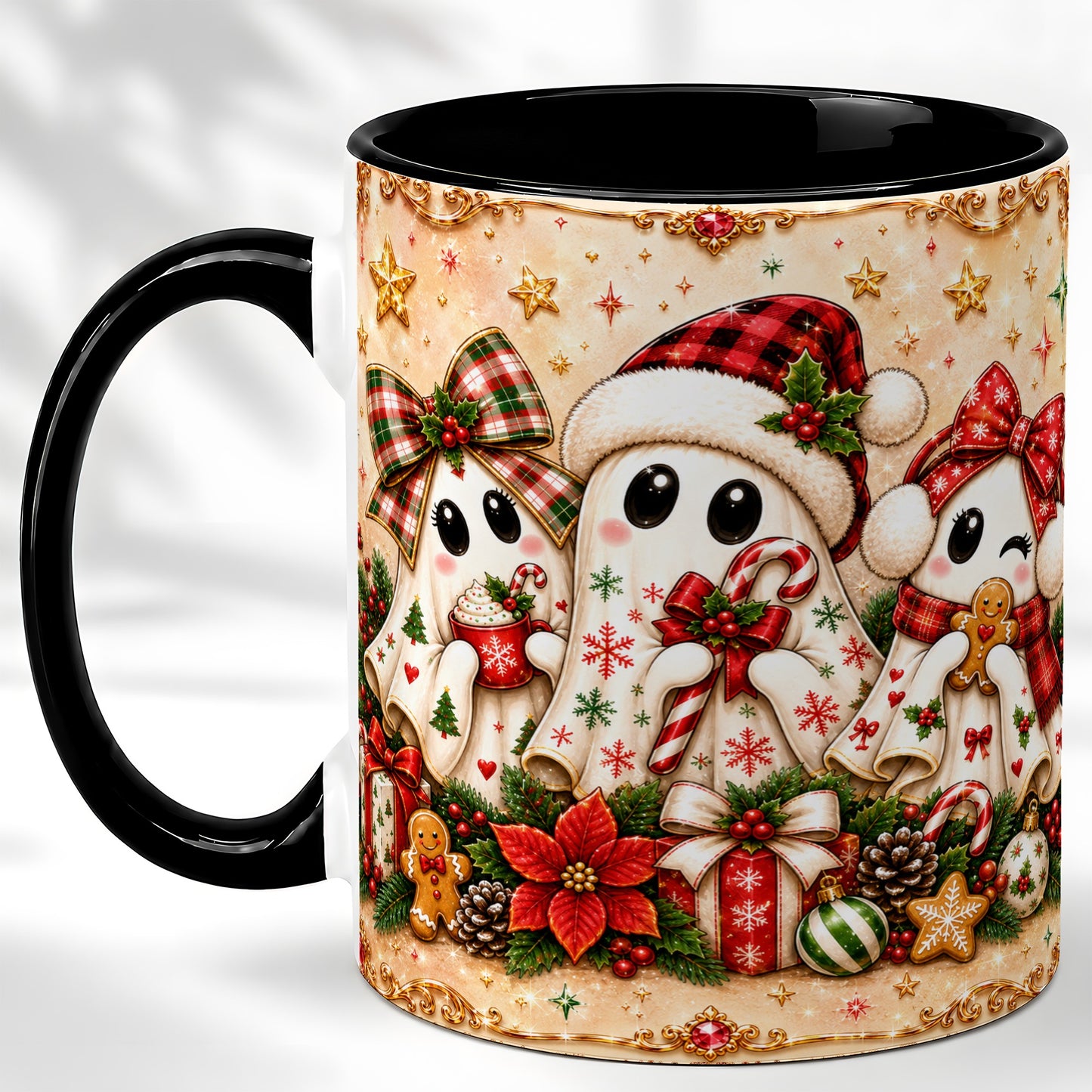 #pl[11oz|Black] Christmas Ghost Trio Coffee Mug, Holiday Ghost Mug, Ceramic Cup
