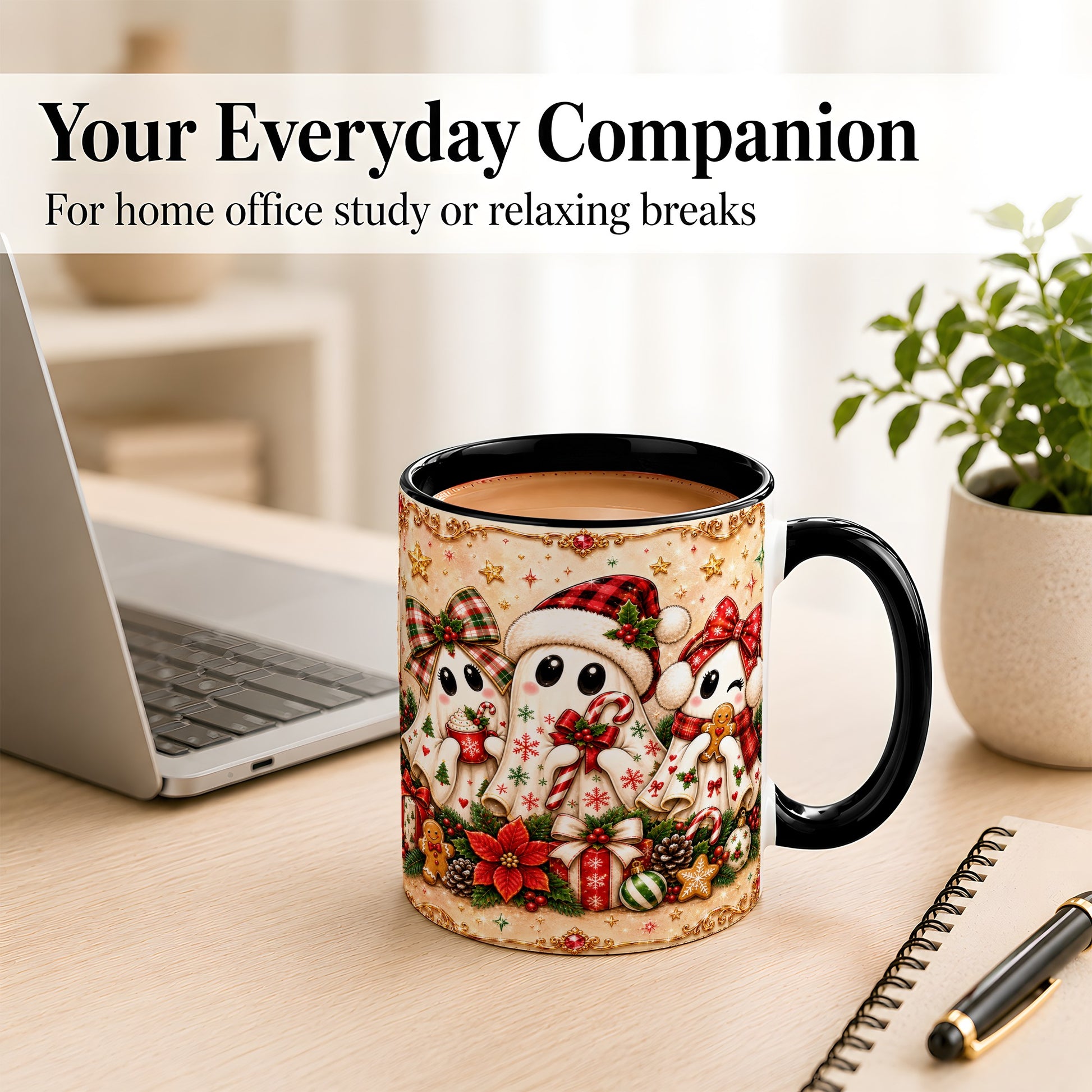 #pl[11oz|Black] Christmas Ghost Trio Coffee Mug, Holiday Ghost Mug, Ceramic Cup