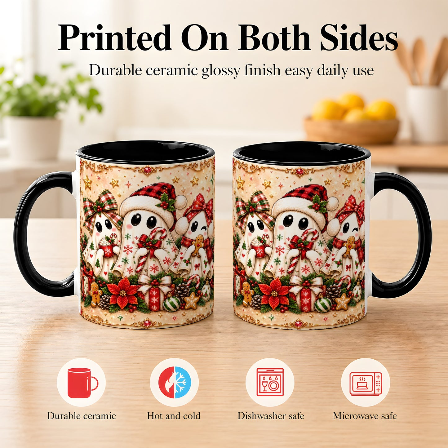 #pl[11oz|Black] Christmas Ghost Trio Coffee Mug, Holiday Ghost Mug, Ceramic Cup