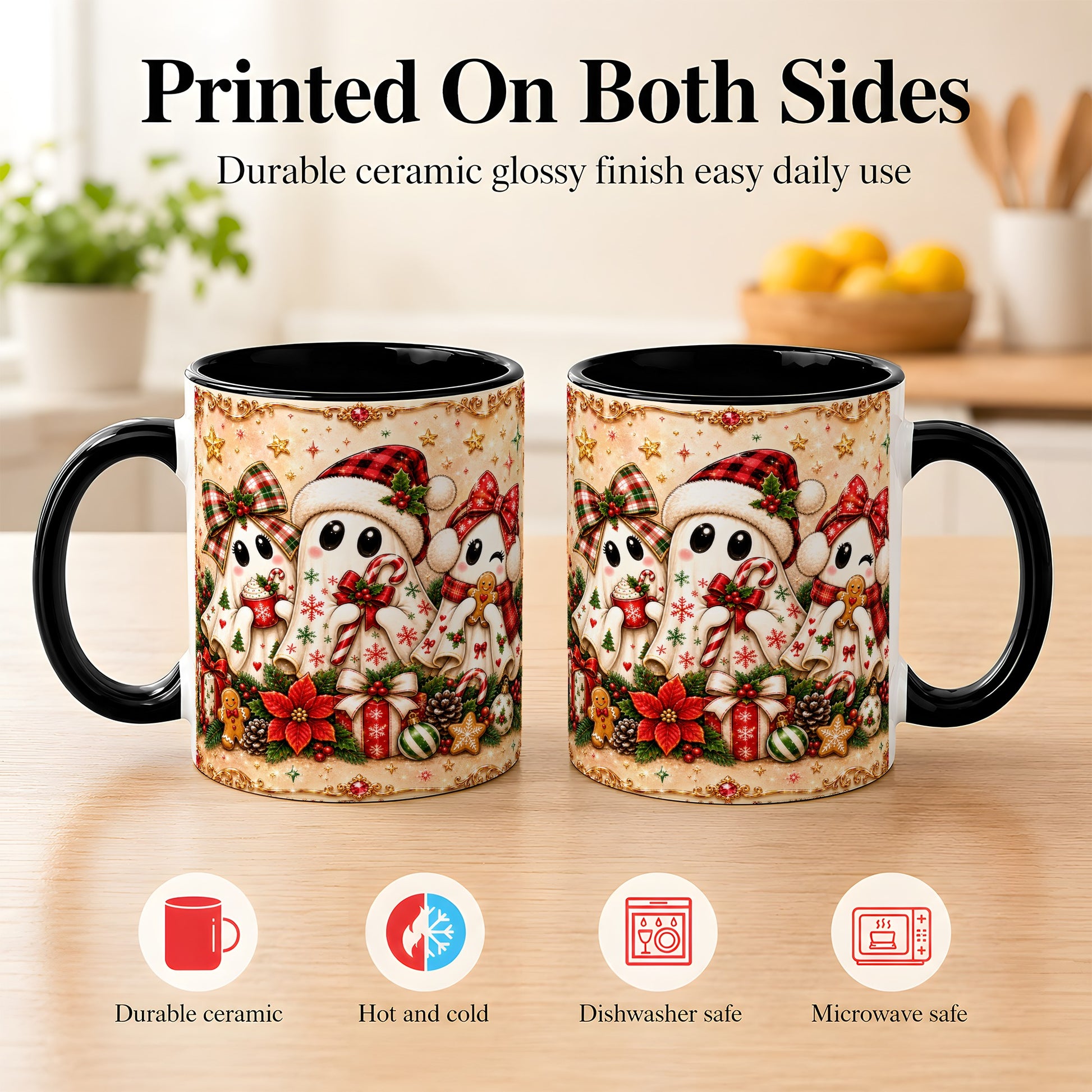 #pl[11oz|Black] Christmas Ghost Trio Coffee Mug, Holiday Ghost Mug, Ceramic Cup
