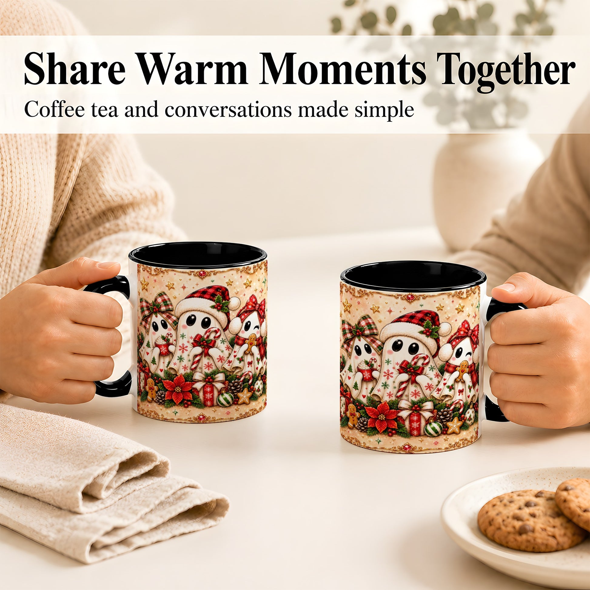 #pl[11oz|Black] Christmas Ghost Trio Coffee Mug, Holiday Ghost Mug, Ceramic Cup
