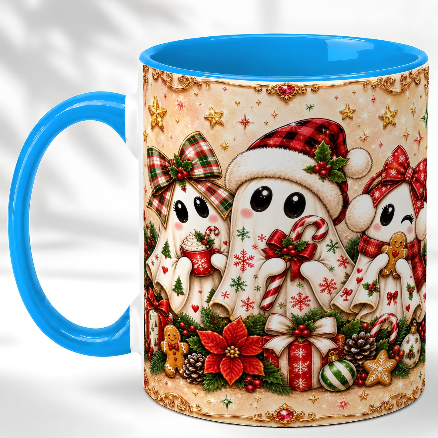#pl[11oz|Blue] Christmas Ghost Trio Coffee Mug, Holiday Ghost Mug, Ceramic Cup