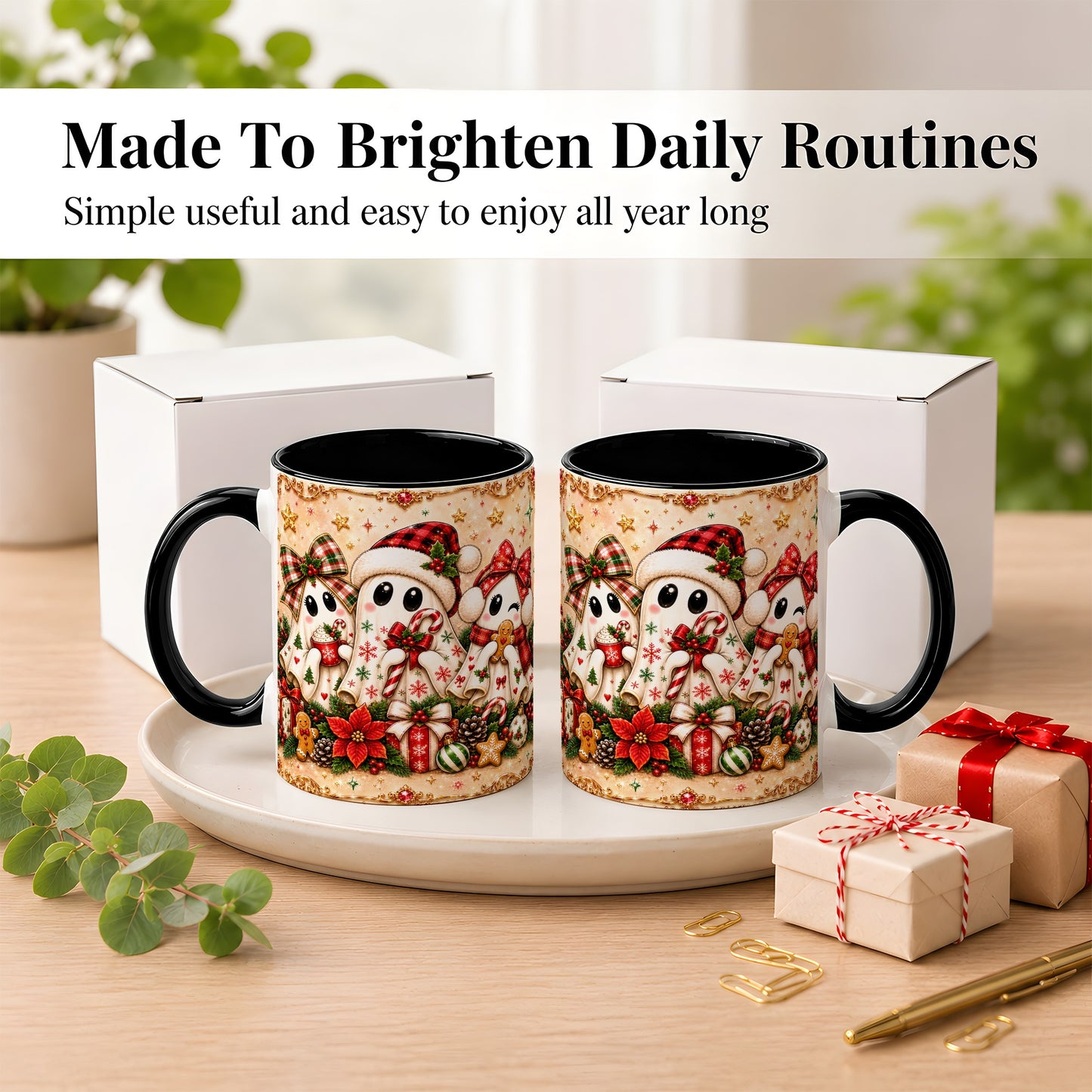 #pl[11oz|Black] Christmas Ghost Trio Coffee Mug, Holiday Ghost Mug, Ceramic Cup
