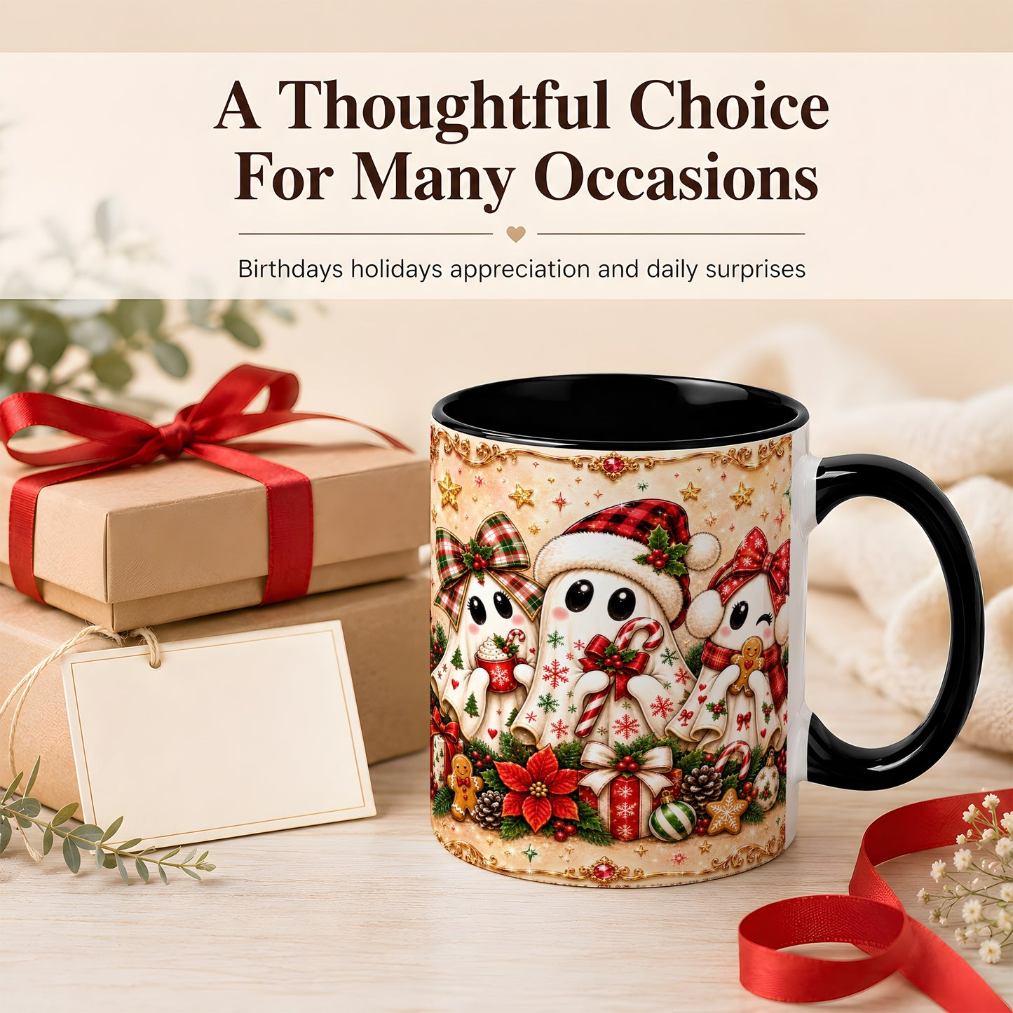 #pl[11oz|Black] Christmas Ghost Trio Coffee Mug, Holiday Ghost Mug, Ceramic Cup