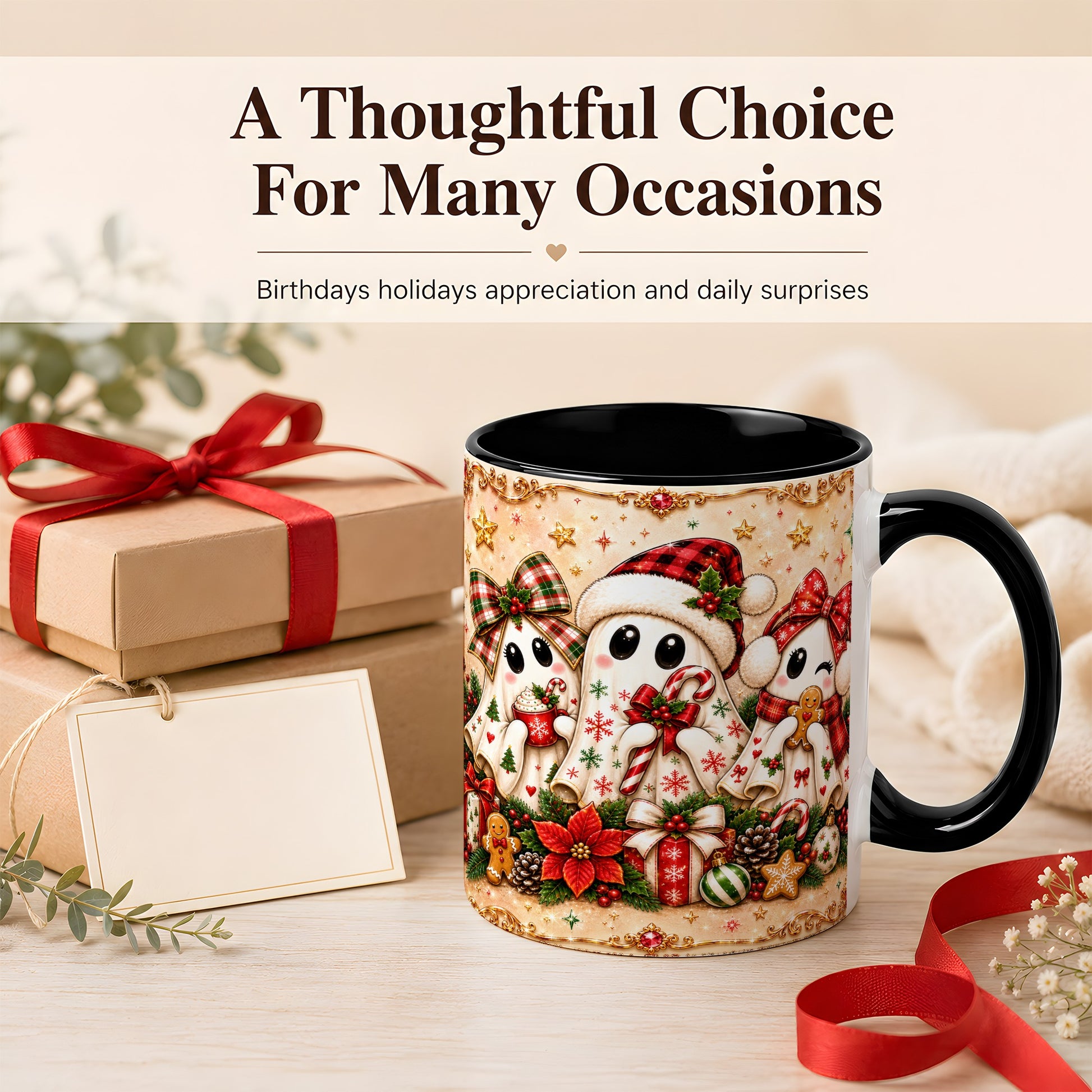 #pl[11oz|Black] Christmas Ghost Trio Coffee Mug, Holiday Ghost Mug, Ceramic Cup