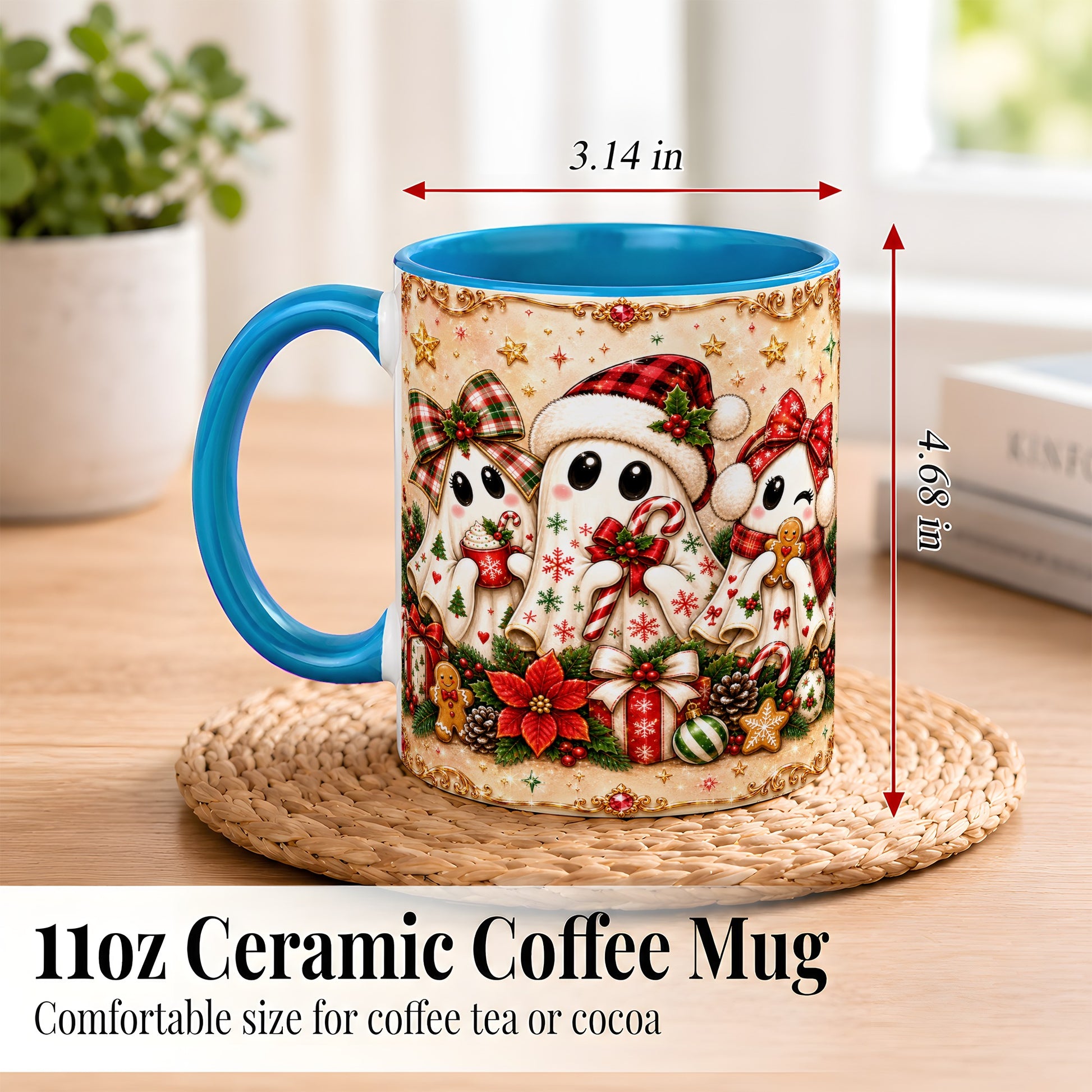 #pl[11oz|Blue] Christmas Ghost Trio Coffee Mug, Holiday Ghost Mug, Ceramic Cup