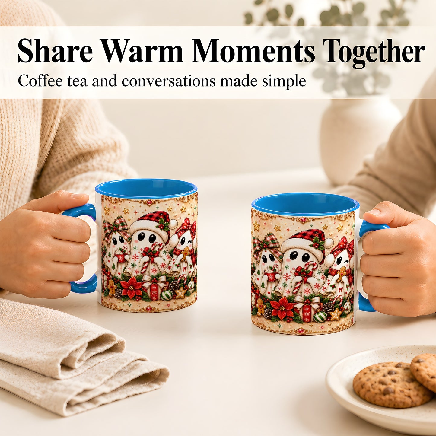 #pl[11oz|Blue] Christmas Ghost Trio Coffee Mug, Holiday Ghost Mug, Ceramic Cup