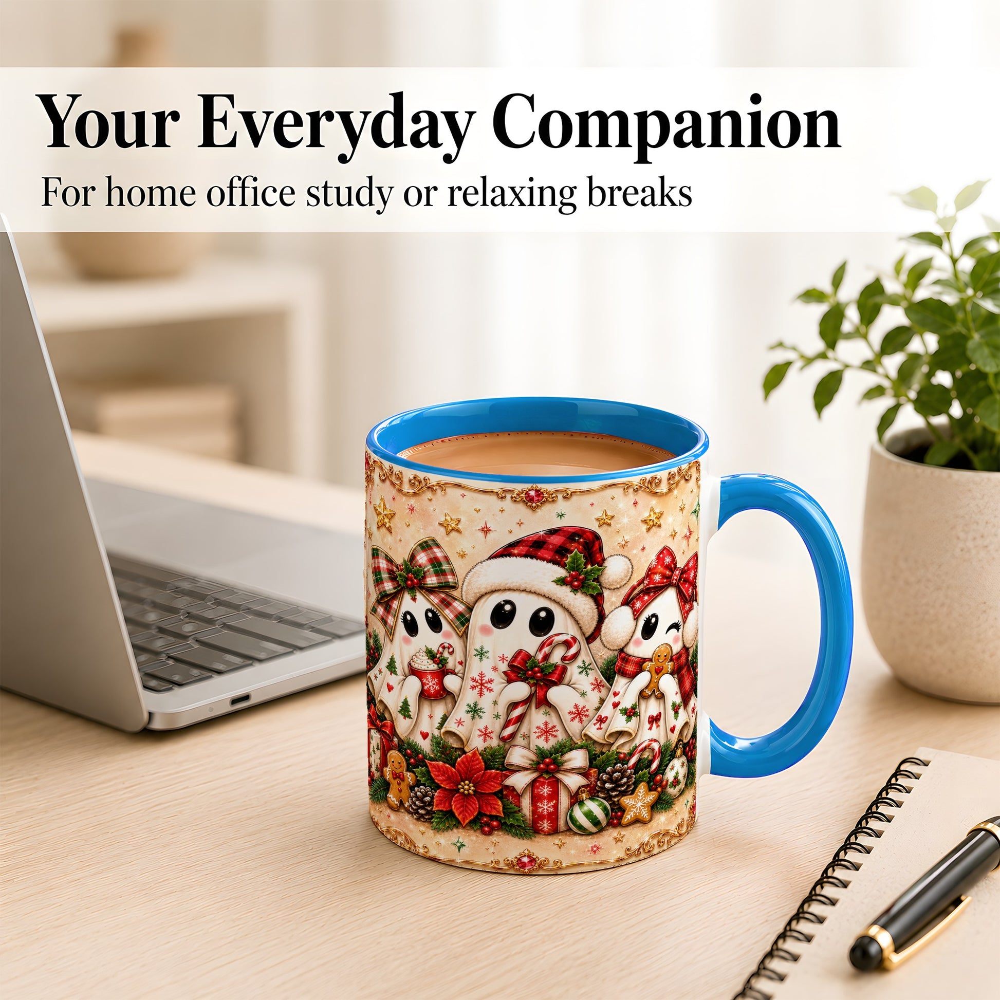 #pl[11oz|Blue] Christmas Ghost Trio Coffee Mug, Holiday Ghost Mug, Ceramic Cup