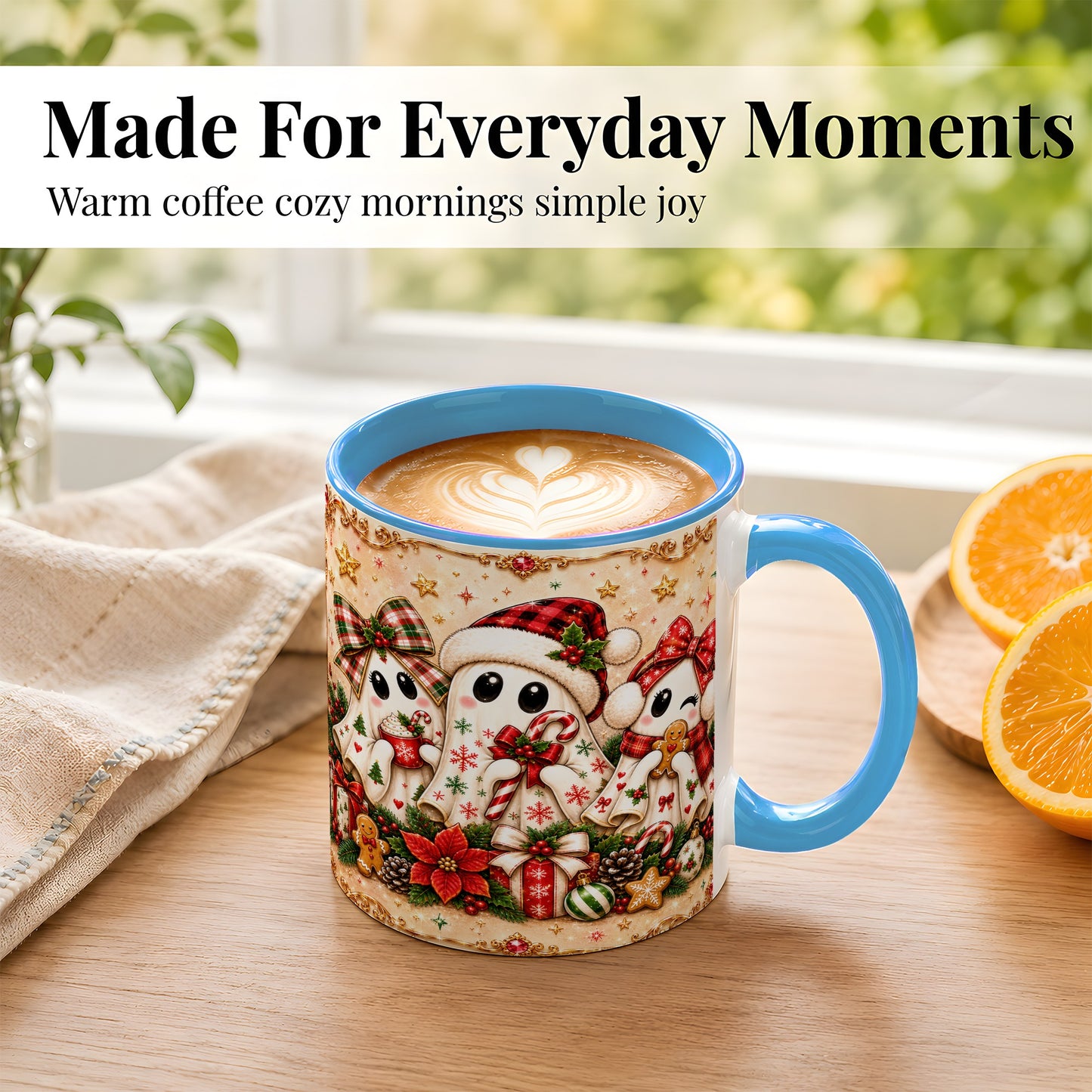 #pl[11oz|Blue] Christmas Ghost Trio Coffee Mug, Holiday Ghost Mug, Ceramic Cup