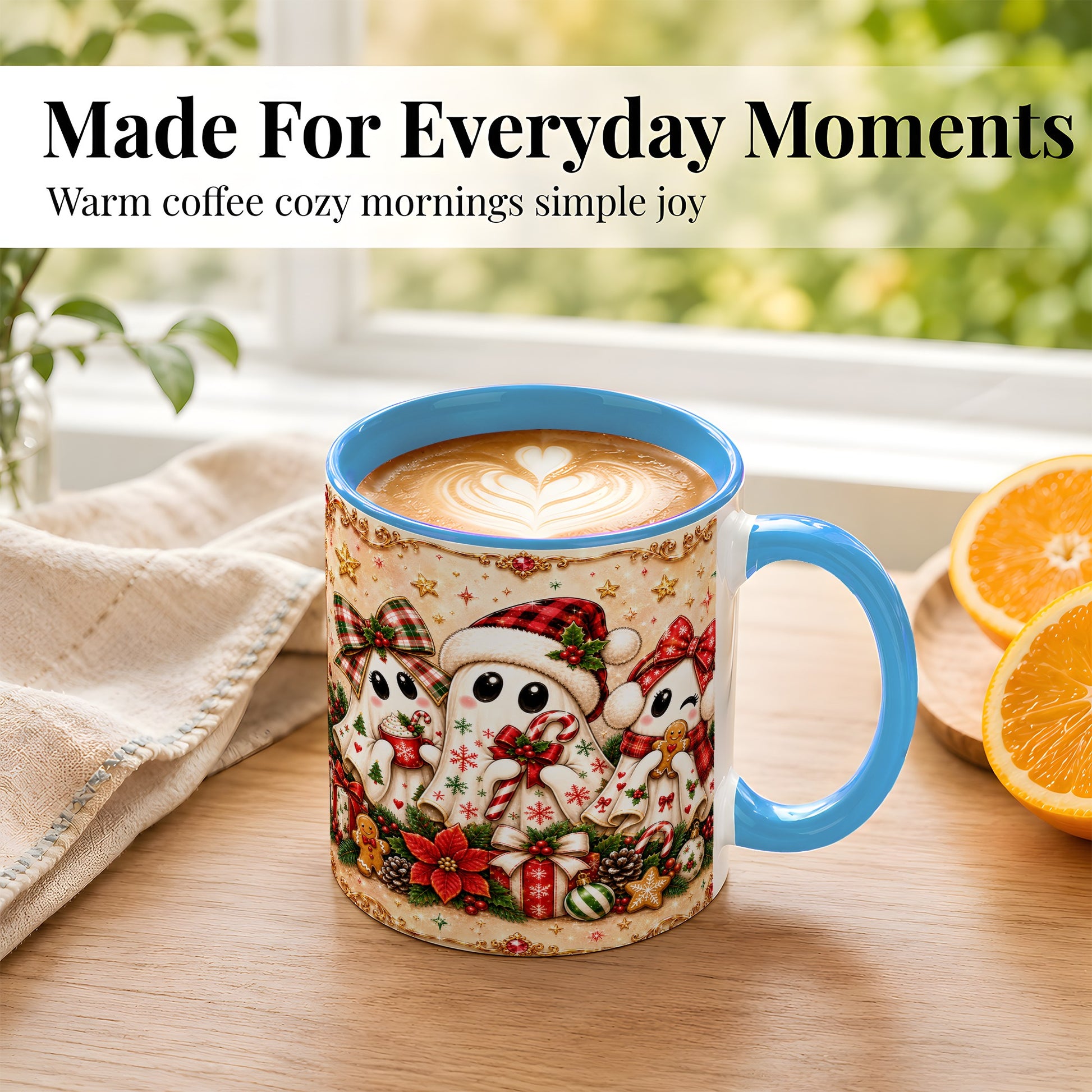 #pl[11oz|Blue] Christmas Ghost Trio Coffee Mug, Holiday Ghost Mug, Ceramic Cup