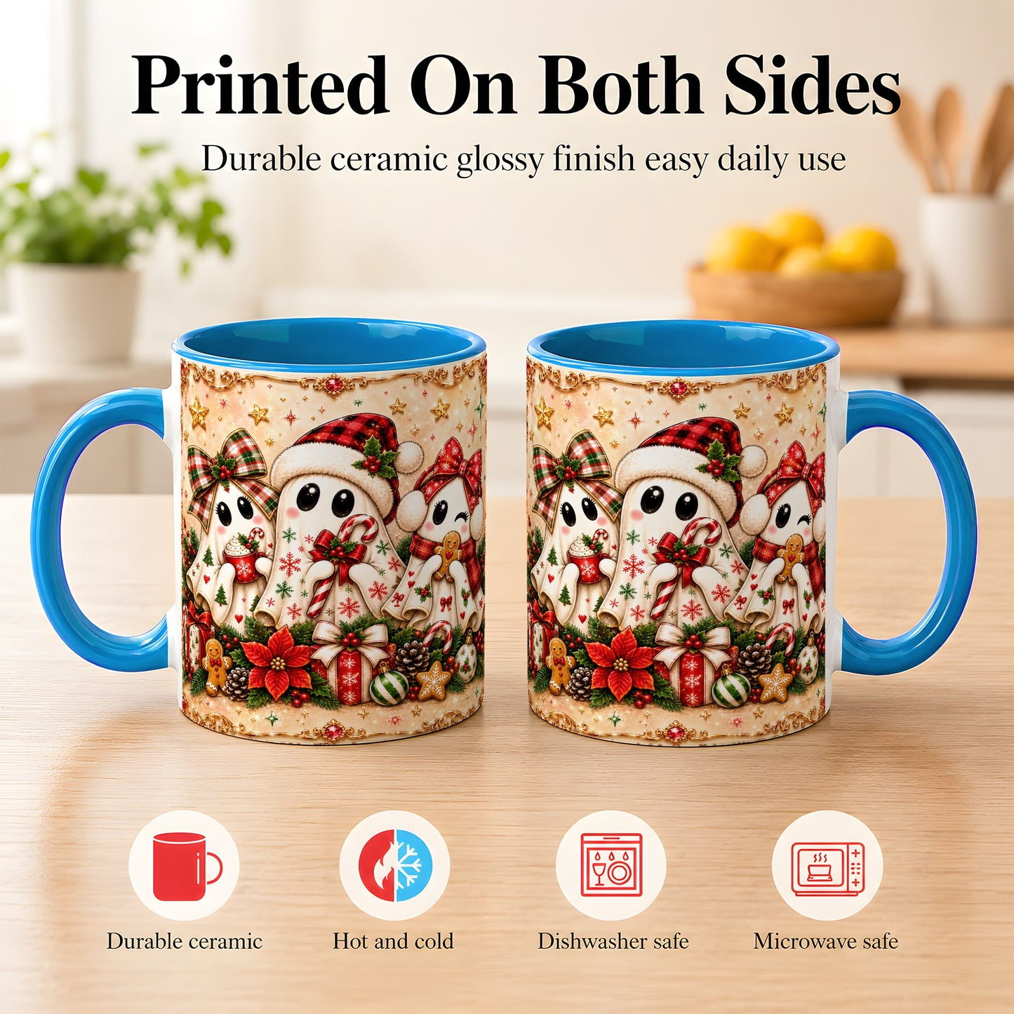 #pl[11oz|Blue] Christmas Ghost Trio Coffee Mug, Holiday Ghost Mug, Ceramic Cup