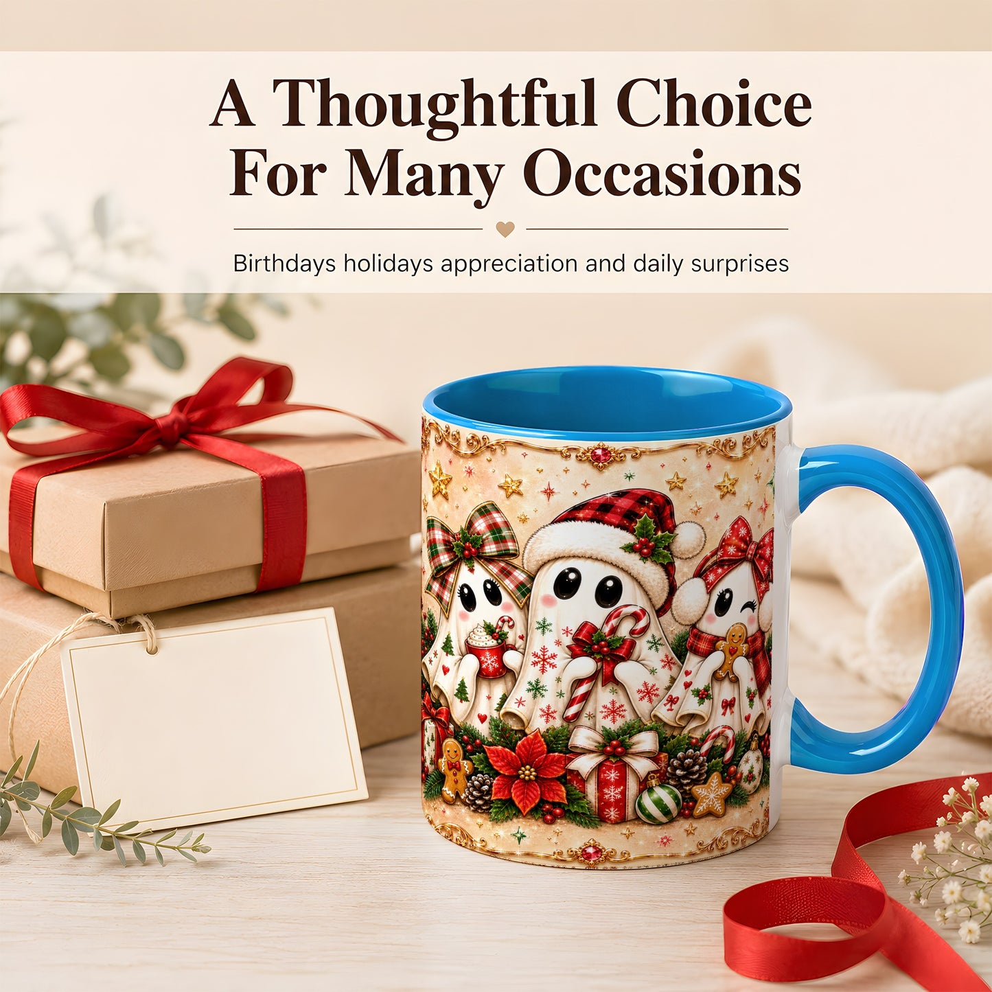 #pl[11oz|Blue] Christmas Ghost Trio Coffee Mug, Holiday Ghost Mug, Ceramic Cup