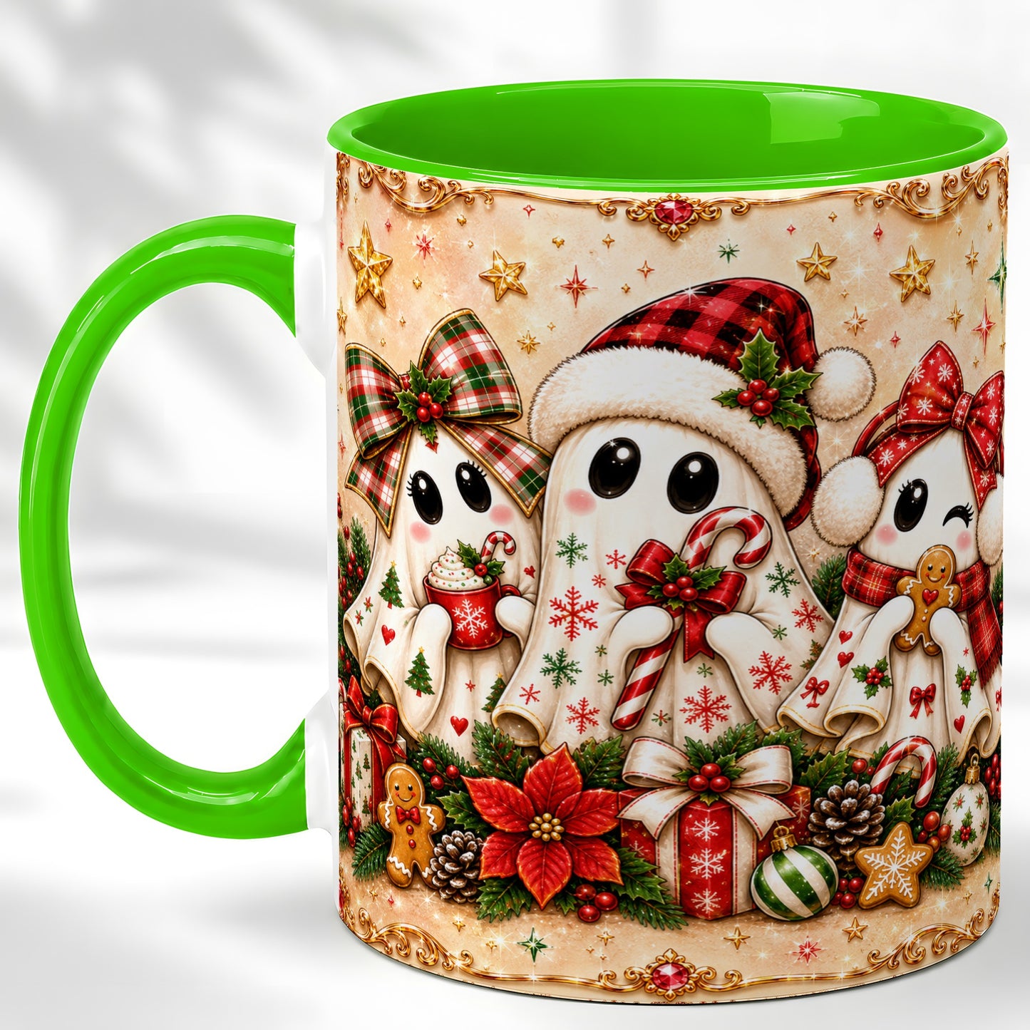 #pl[11oz|Green] Christmas Ghost Trio Coffee Mug, Holiday Ghost Mug, Ceramic Cup