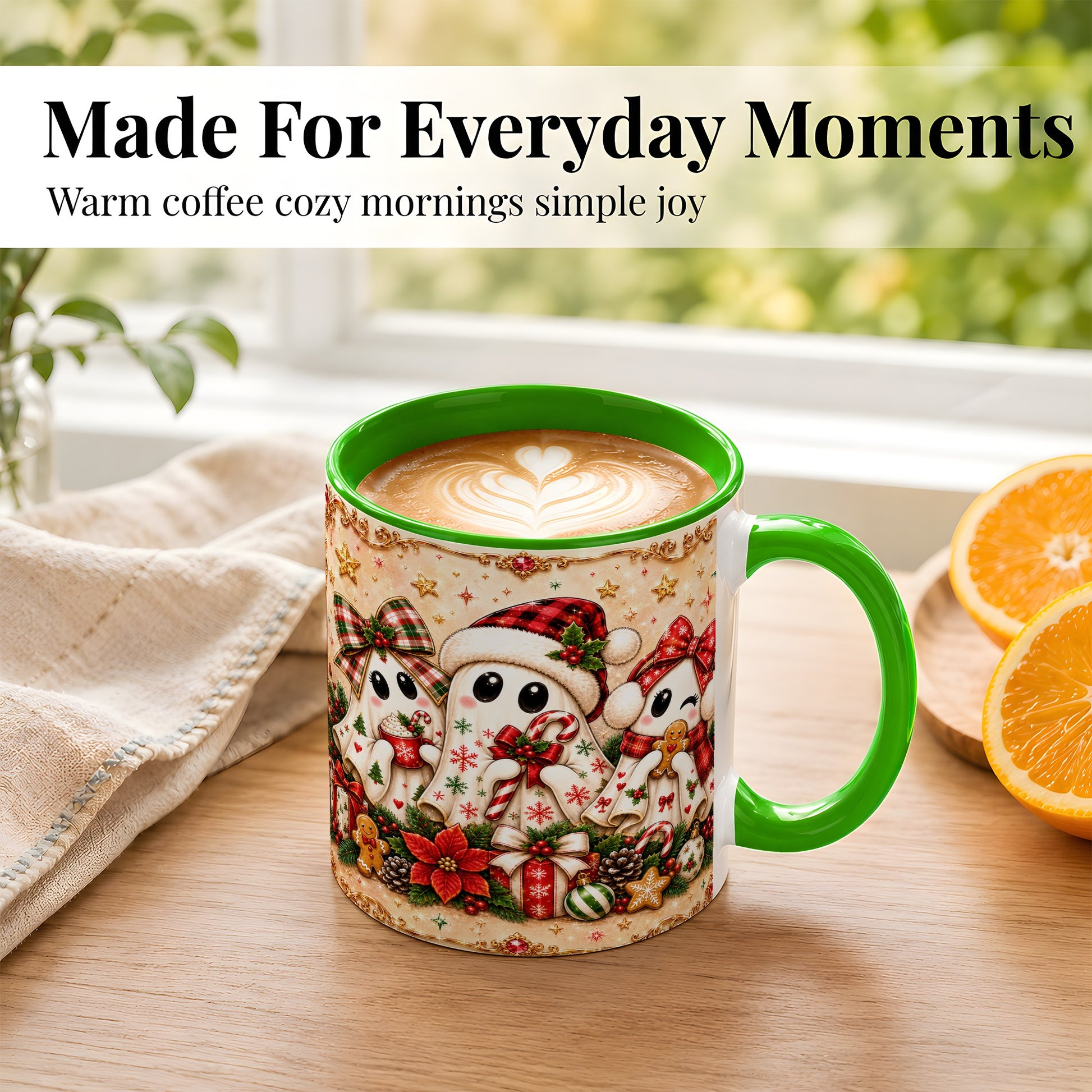 #pl[11oz|Green] Christmas Ghost Trio Coffee Mug, Holiday Ghost Mug, Ceramic Cup