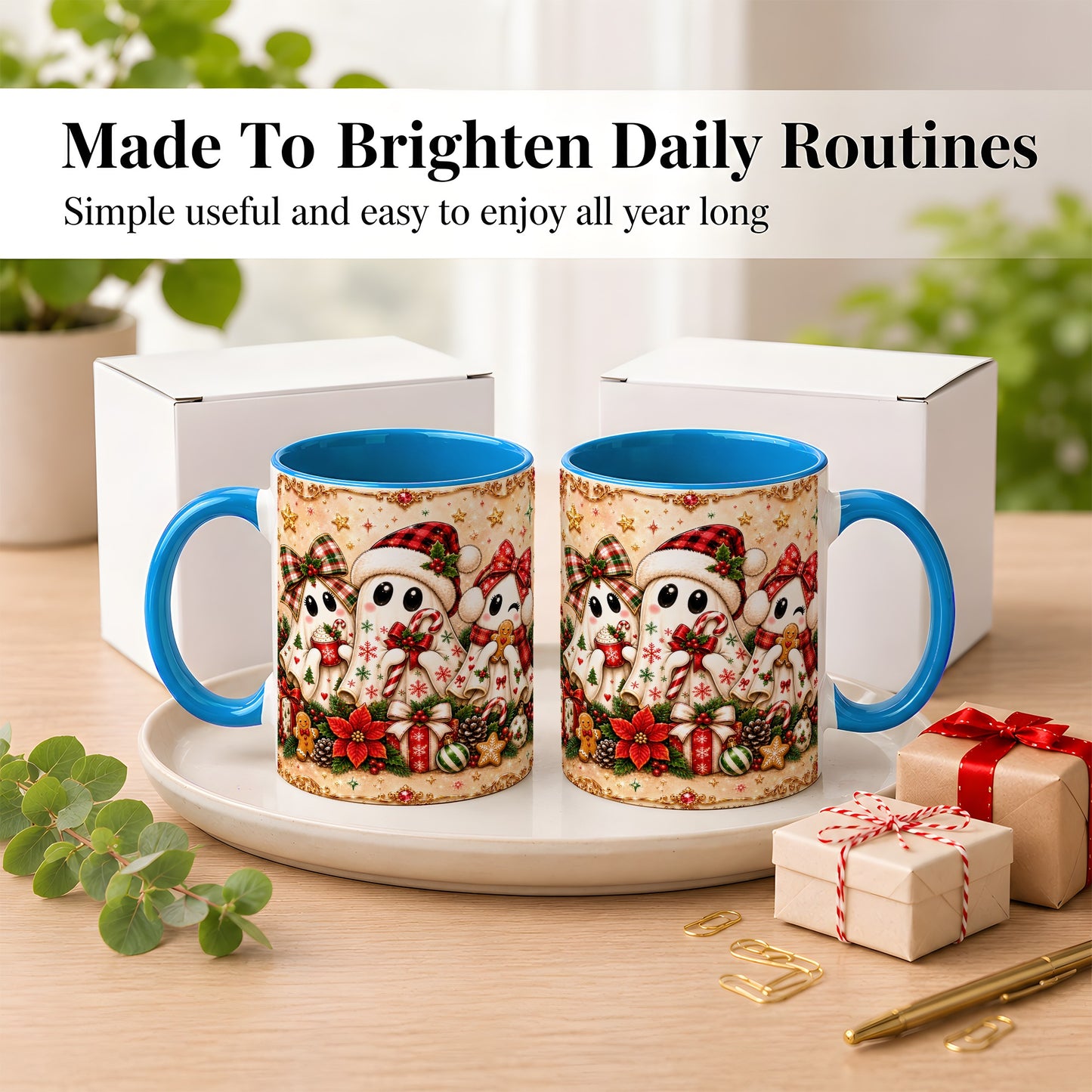 #pl[11oz|Blue] Christmas Ghost Trio Coffee Mug, Holiday Ghost Mug, Ceramic Cup