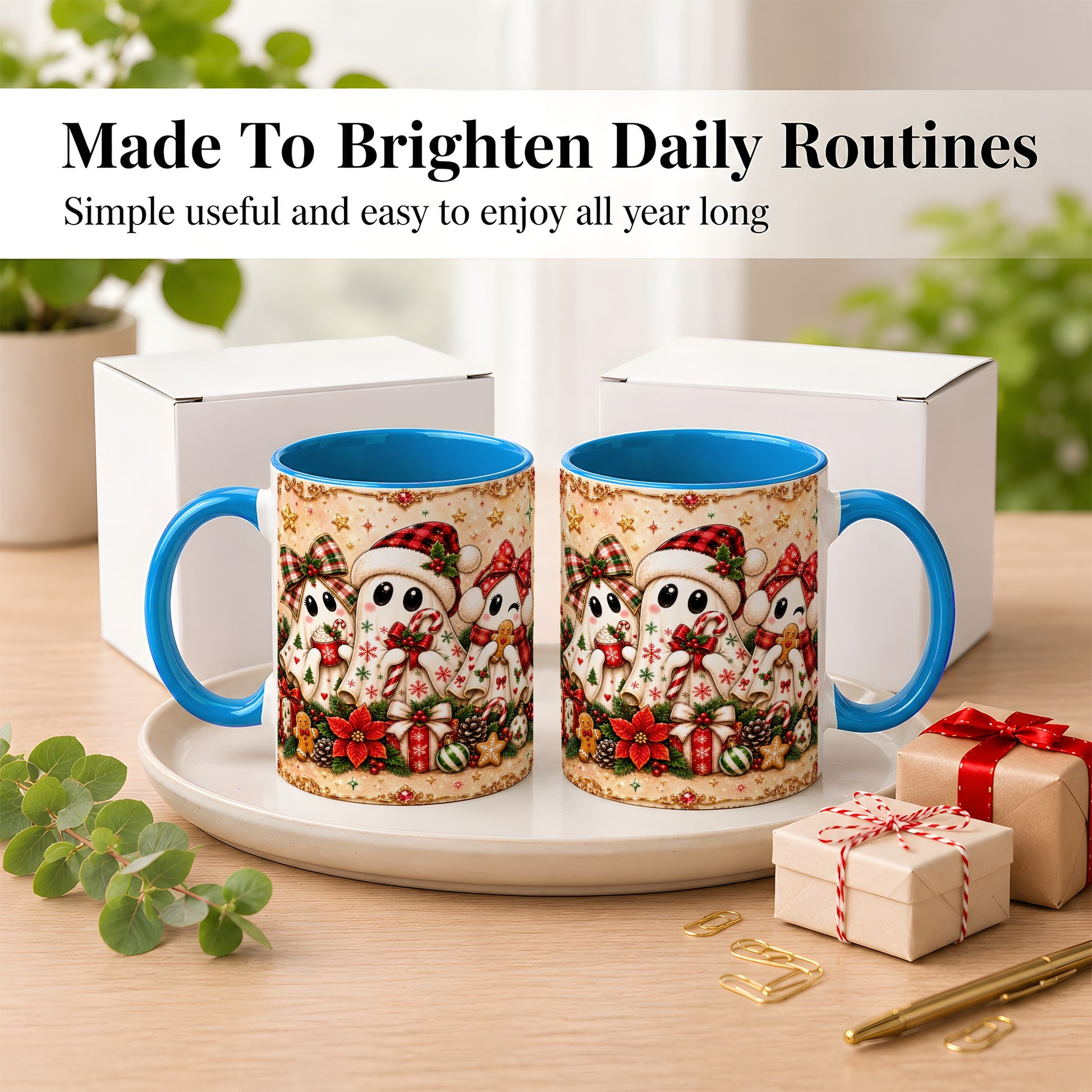 #pl[11oz|Blue] Christmas Ghost Trio Coffee Mug, Holiday Ghost Mug, Ceramic Cup
