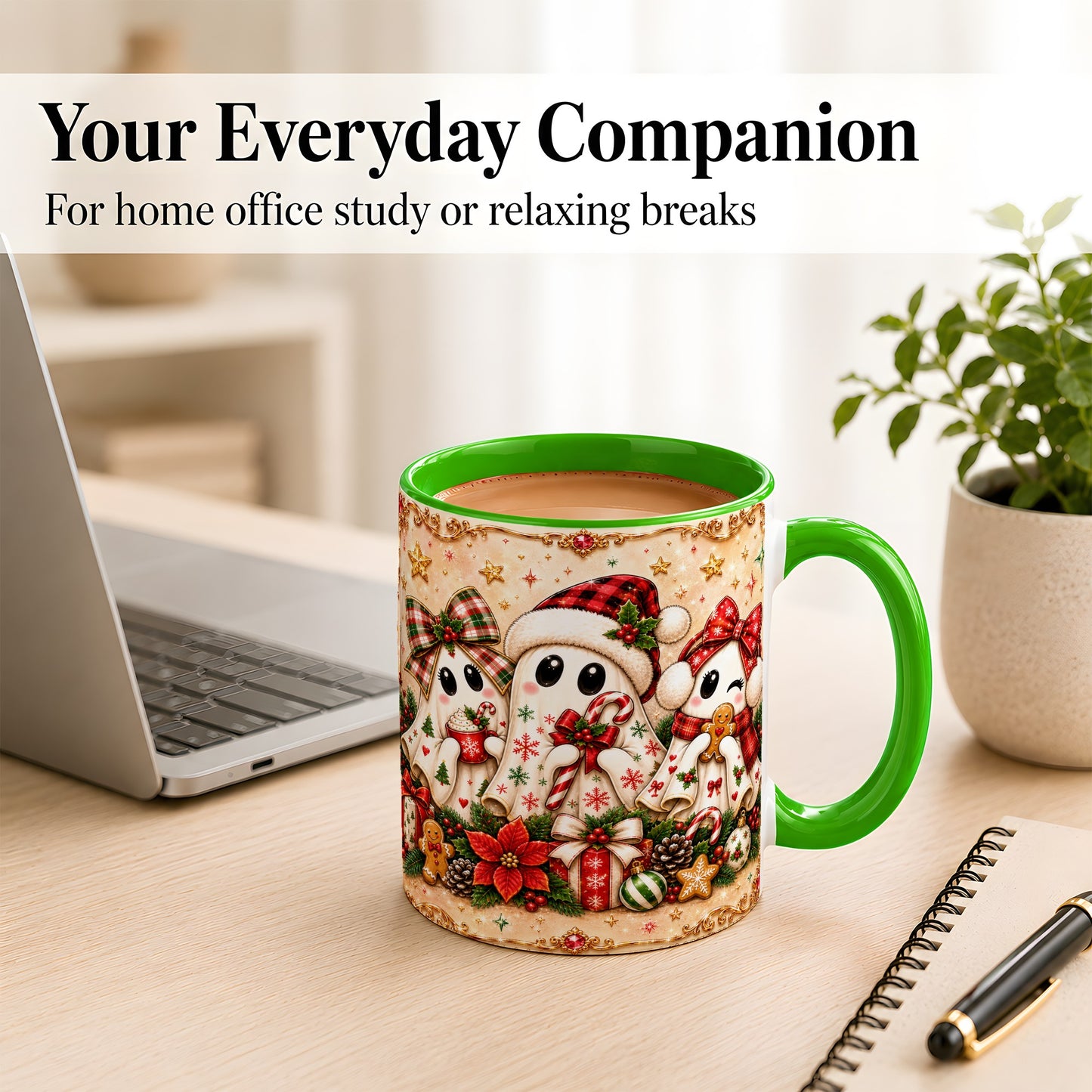 #pl[11oz|Green] Christmas Ghost Trio Coffee Mug, Holiday Ghost Mug, Ceramic Cup