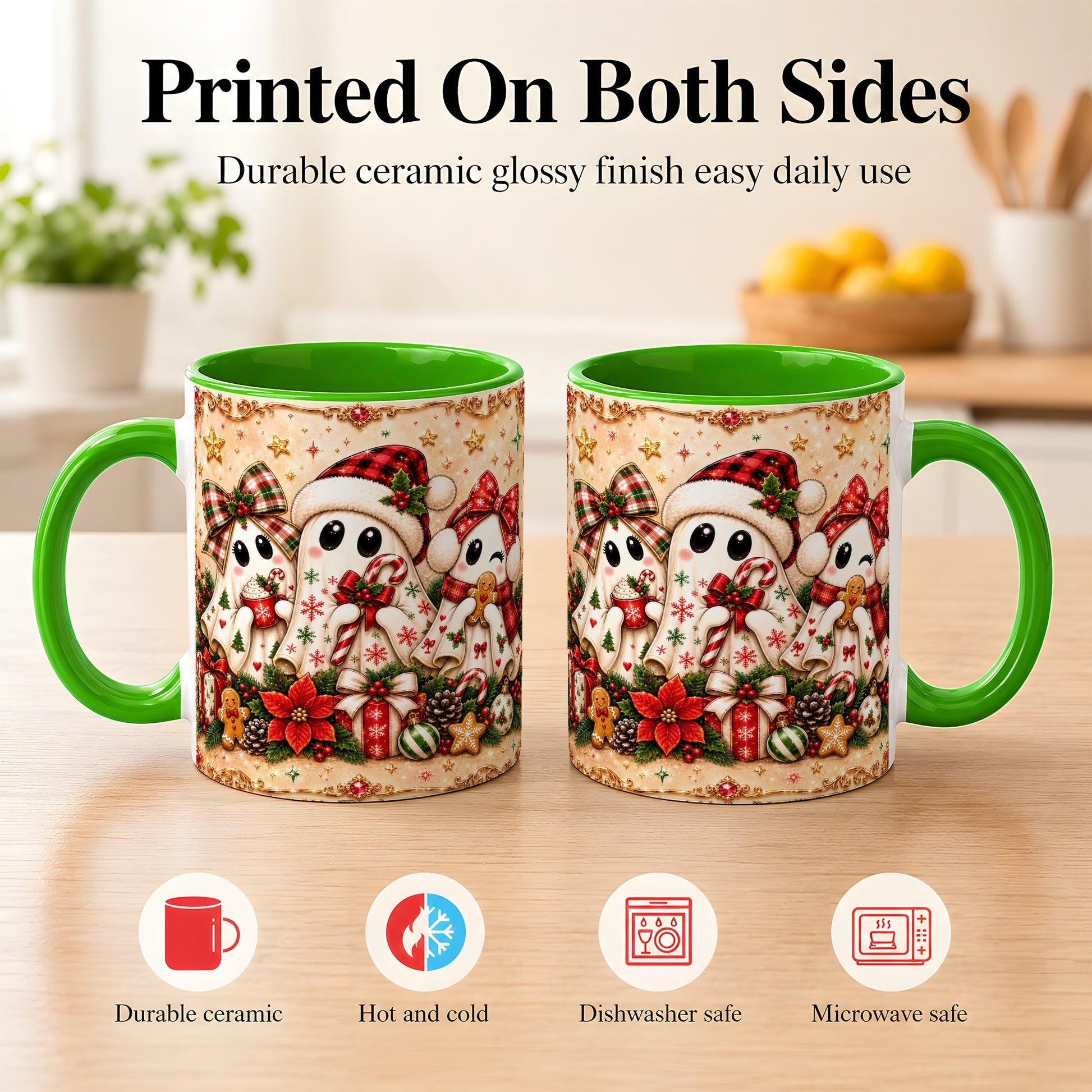 #pl[11oz|Green] Christmas Ghost Trio Coffee Mug, Holiday Ghost Mug, Ceramic Cup