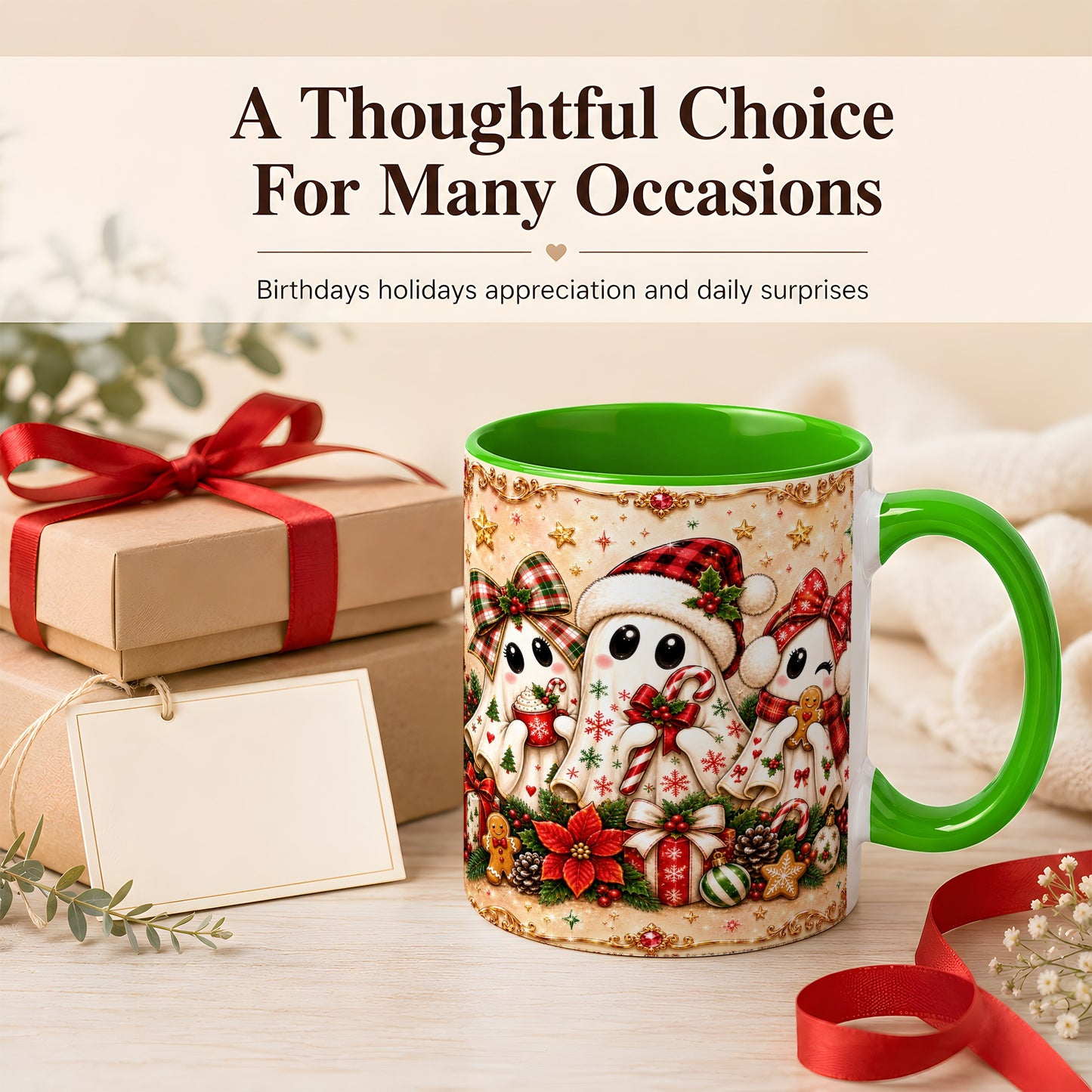 #pl[11oz|Green] Christmas Ghost Trio Coffee Mug, Holiday Ghost Mug, Ceramic Cup