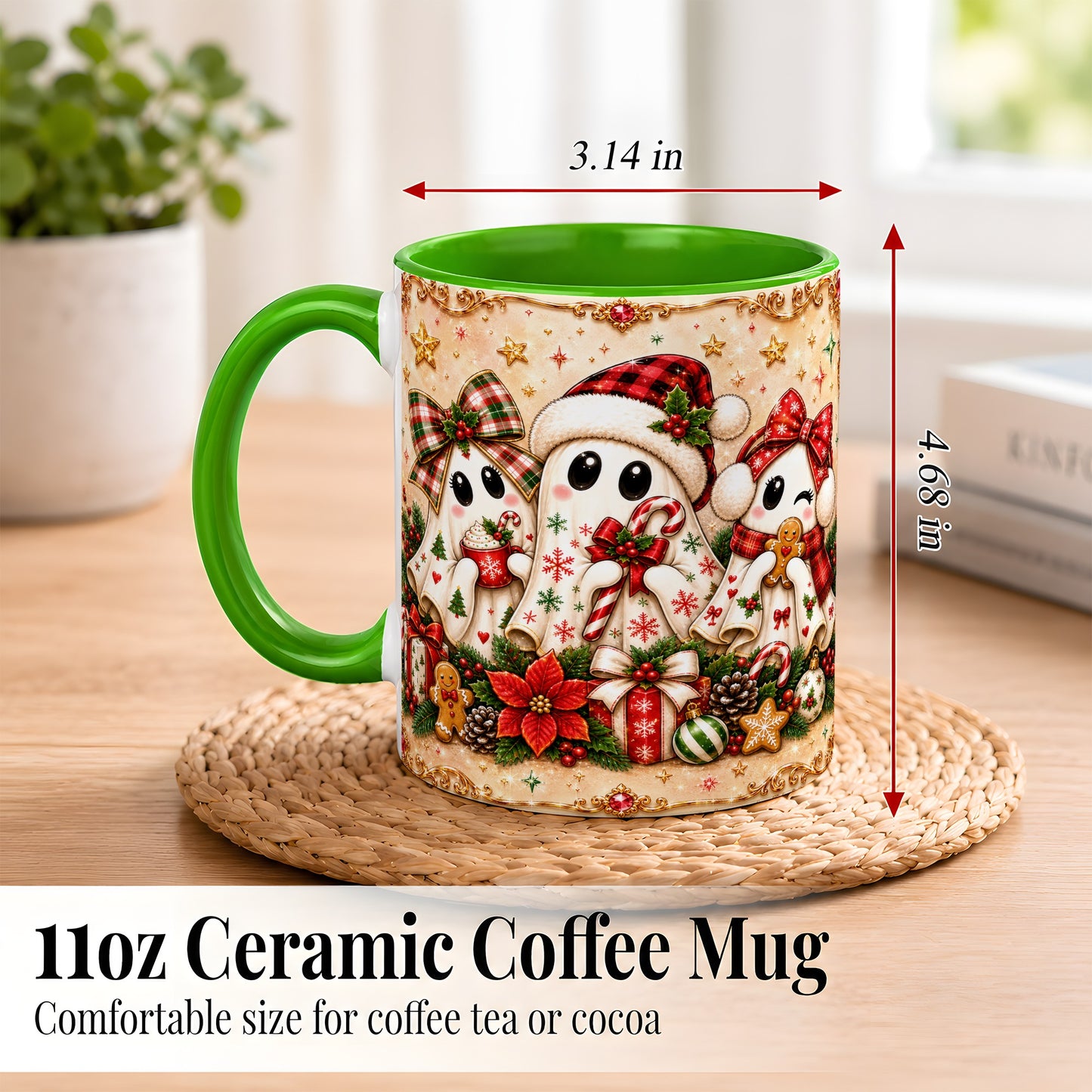 #pl[11oz|Green] Christmas Ghost Trio Coffee Mug, Holiday Ghost Mug, Ceramic Cup