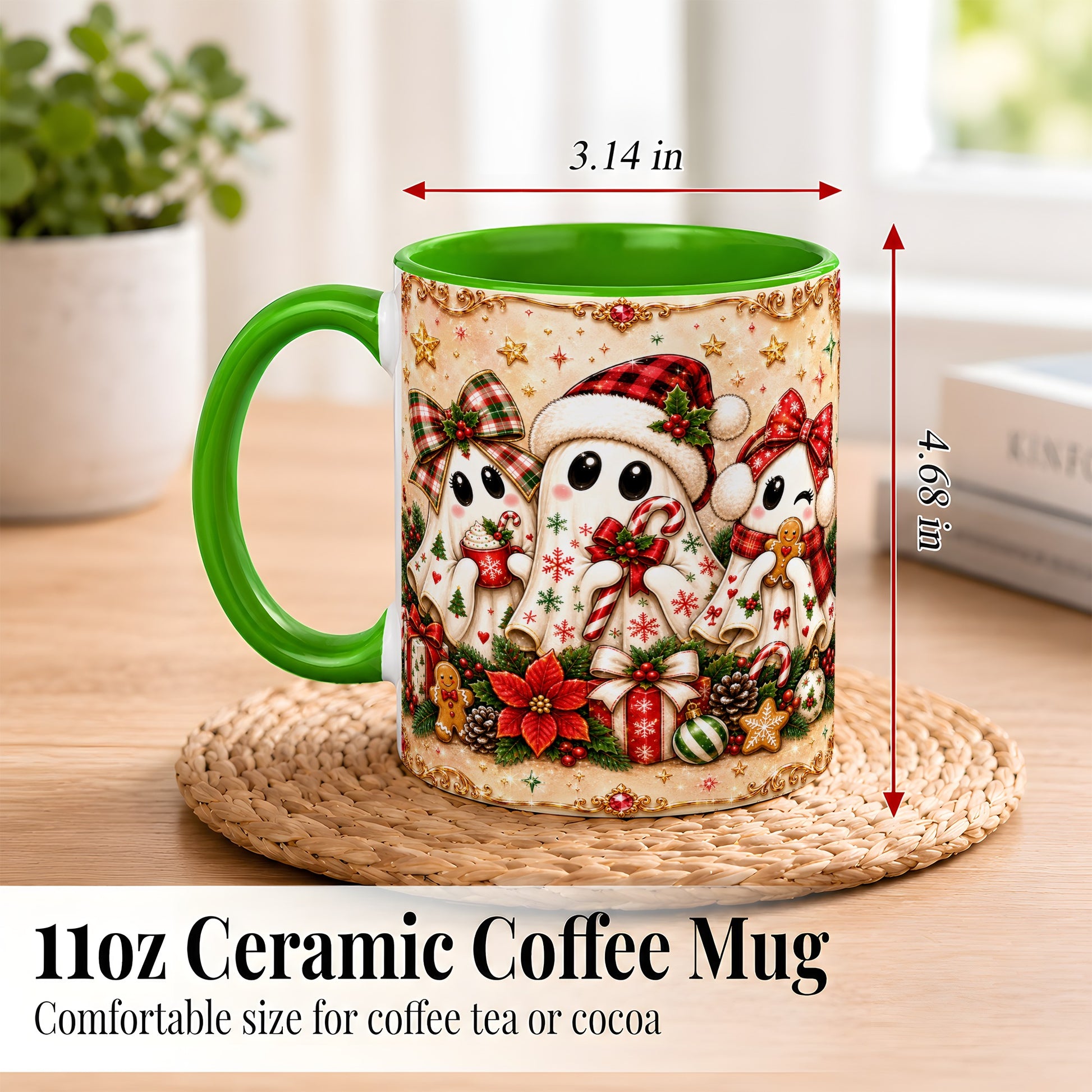 #pl[11oz|Green] Christmas Ghost Trio Coffee Mug, Holiday Ghost Mug, Ceramic Cup