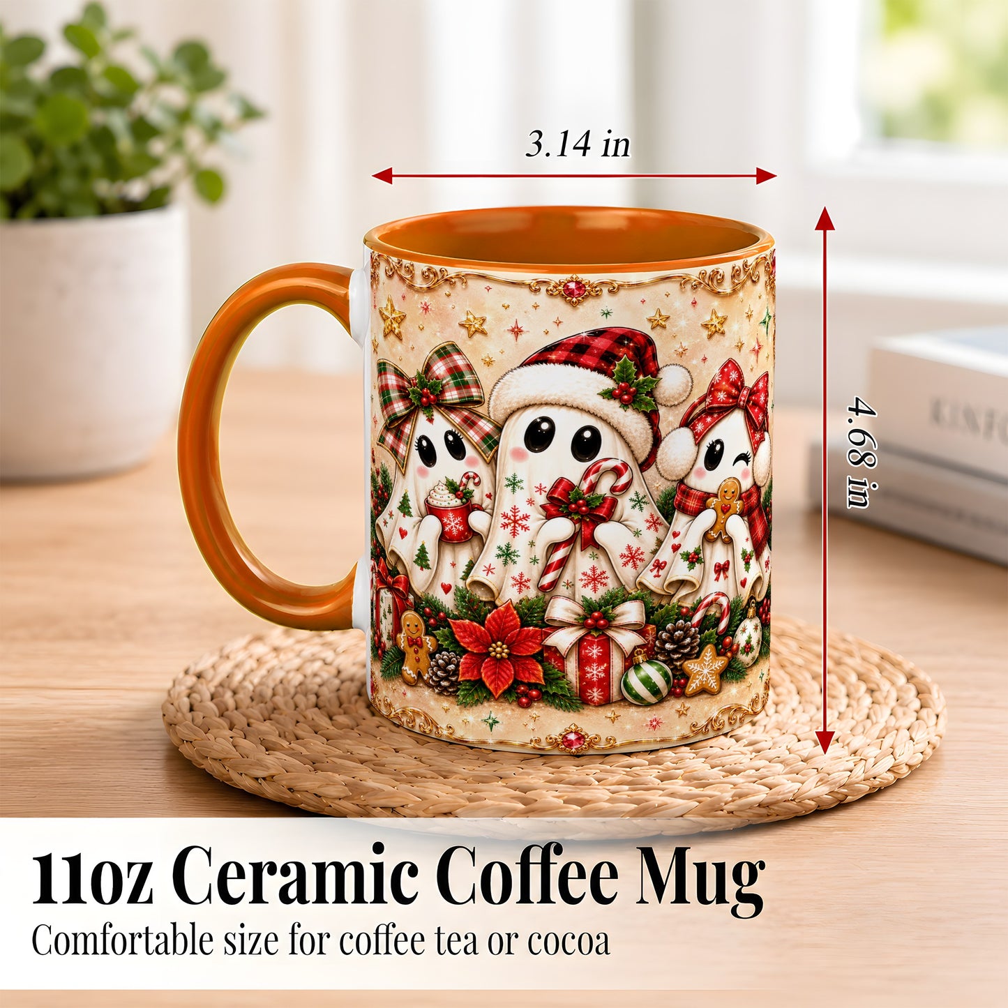 #pl[11oz|Orange] Christmas Ghost Trio Coffee Mug, Holiday Ghost Mug, Ceramic Cup