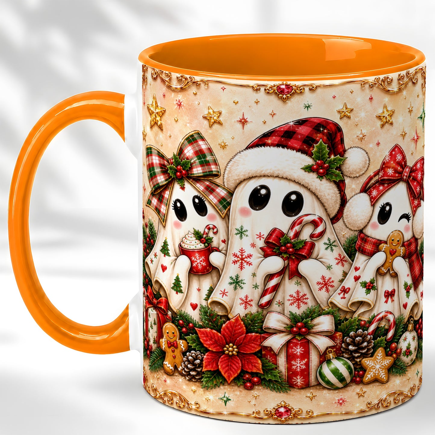 #pl[11oz|Orange] Christmas Ghost Trio Coffee Mug, Holiday Ghost Mug, Ceramic Cup