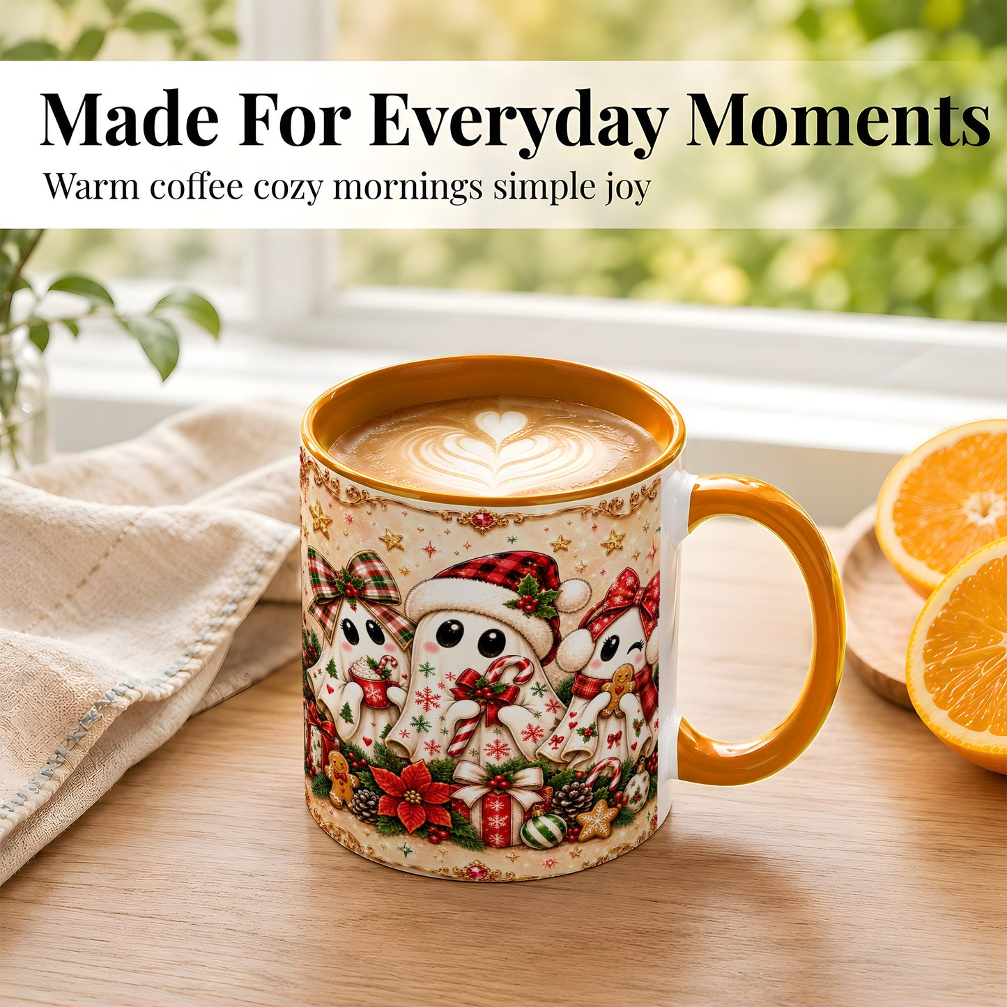 #pl[11oz|Orange] Christmas Ghost Trio Coffee Mug, Holiday Ghost Mug, Ceramic Cup