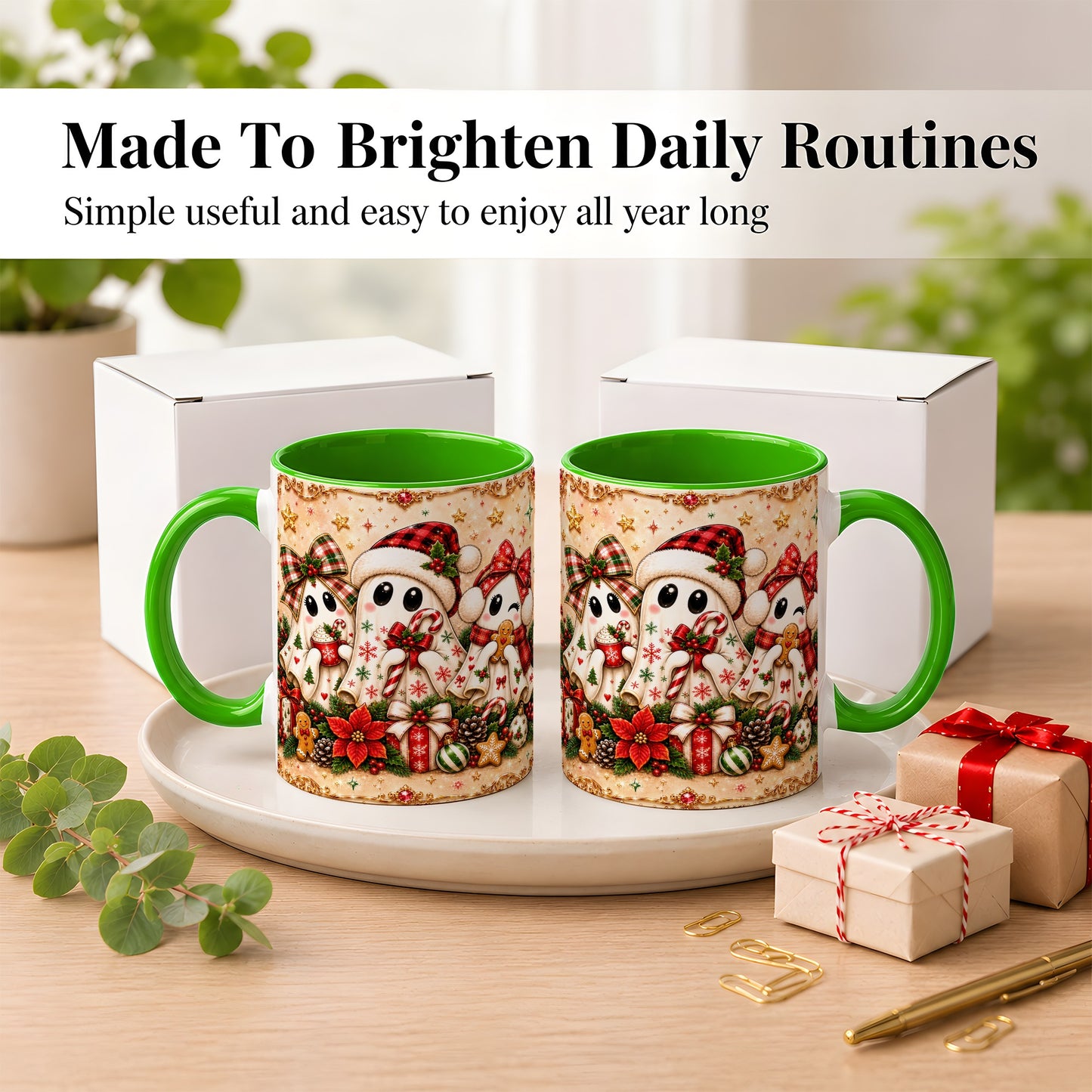 #pl[11oz|Green] Christmas Ghost Trio Coffee Mug, Holiday Ghost Mug, Ceramic Cup