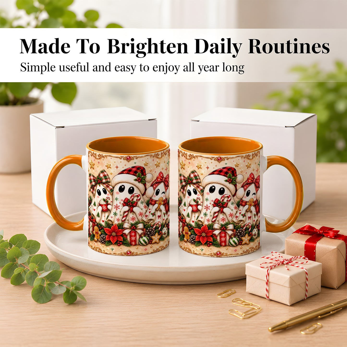 #pl[11oz|Orange] Christmas Ghost Trio Coffee Mug, Holiday Ghost Mug, Ceramic Cup
