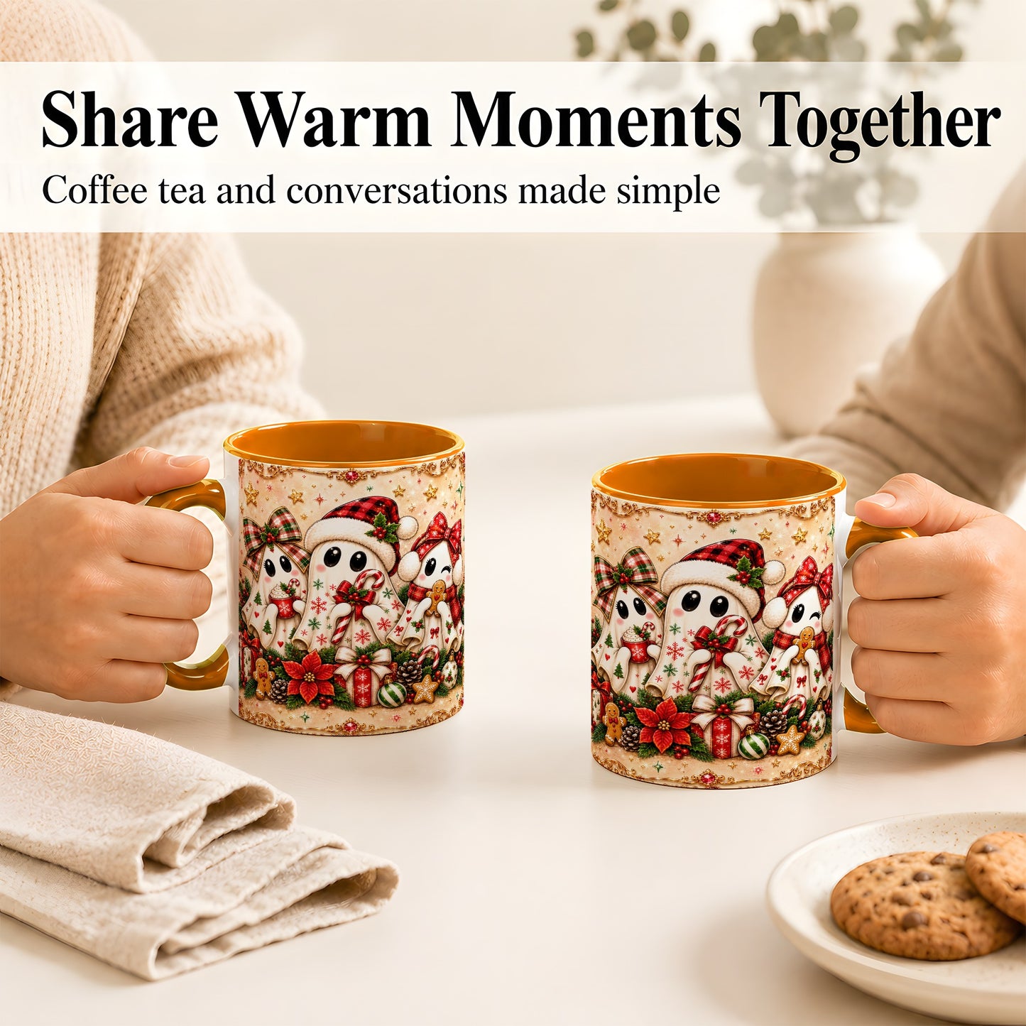 #pl[11oz|Orange] Christmas Ghost Trio Coffee Mug, Holiday Ghost Mug, Ceramic Cup