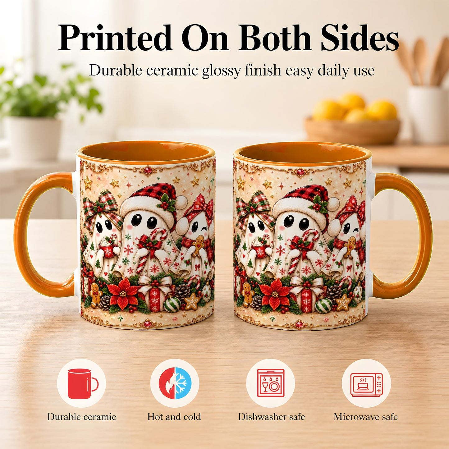 #pl[11oz|Orange] Christmas Ghost Trio Coffee Mug, Holiday Ghost Mug, Ceramic Cup