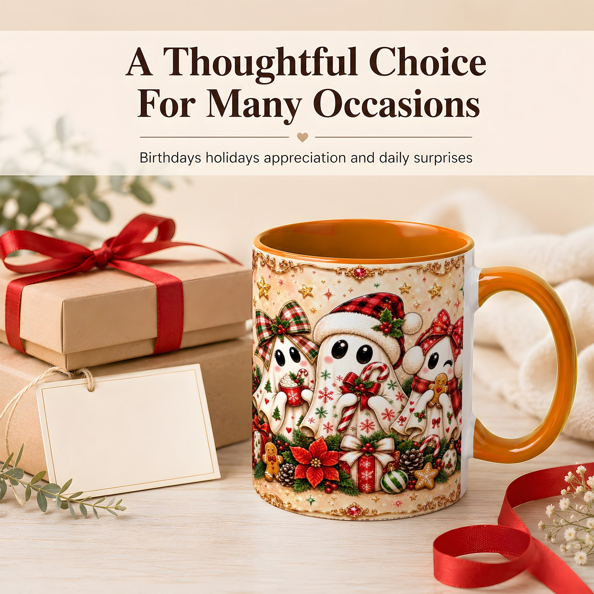 #pl[11oz|Orange] Christmas Ghost Trio Coffee Mug, Holiday Ghost Mug, Ceramic Cup