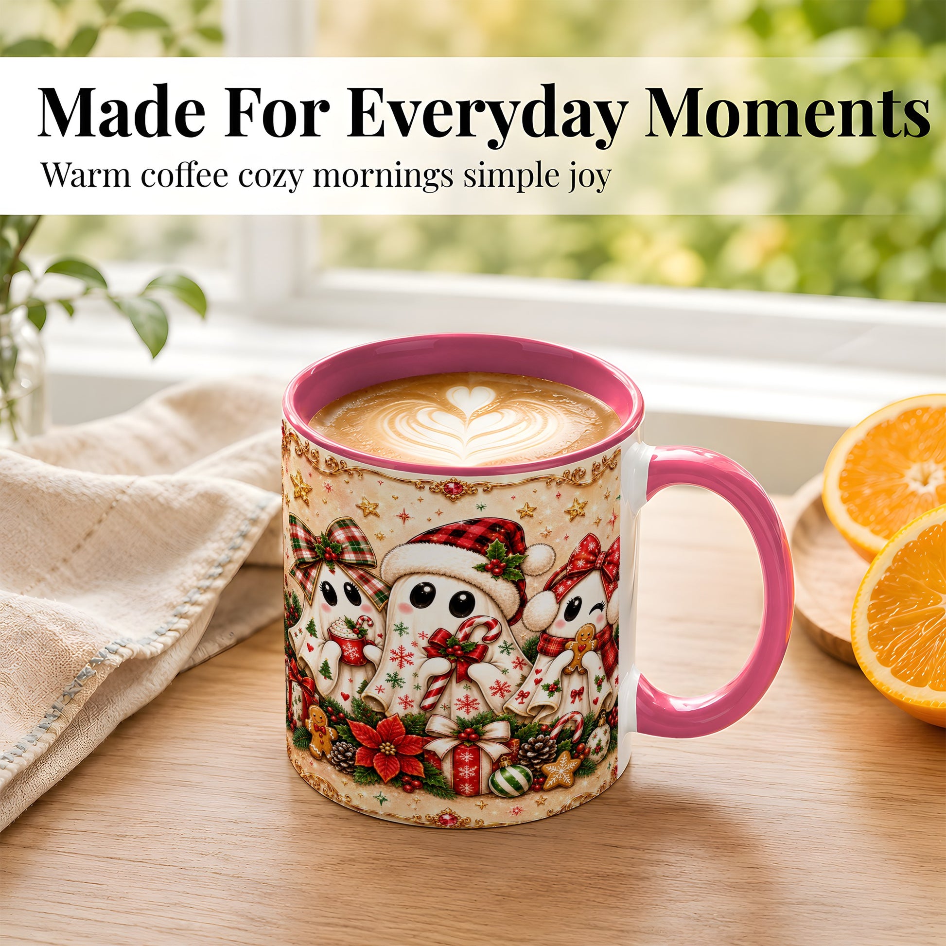 #pl[11oz|Pink] Christmas Ghost Trio Coffee Mug, Holiday Ghost Mug, Ceramic Cup