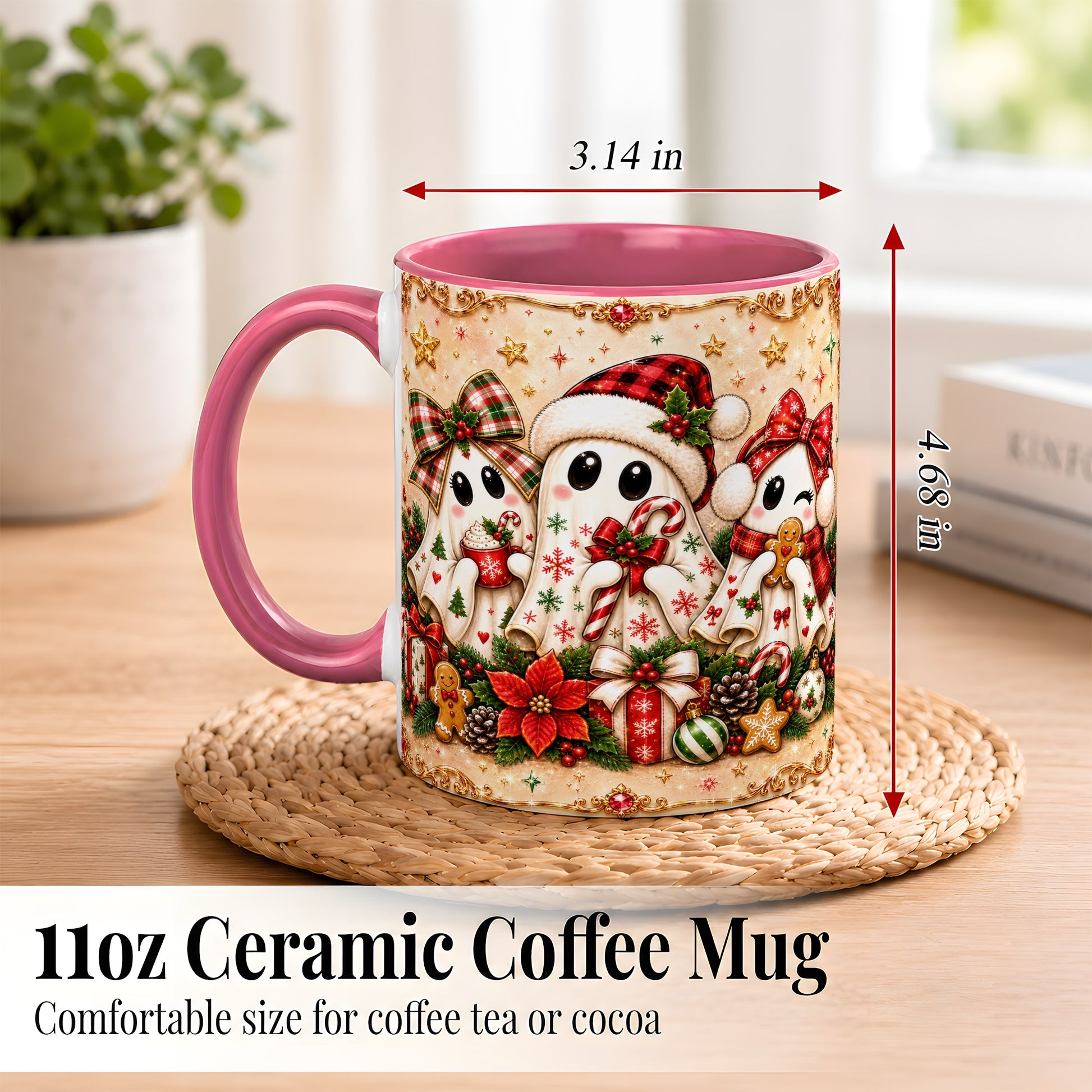 #pl[11oz|Pink] Christmas Ghost Trio Coffee Mug, Holiday Ghost Mug, Ceramic Cup