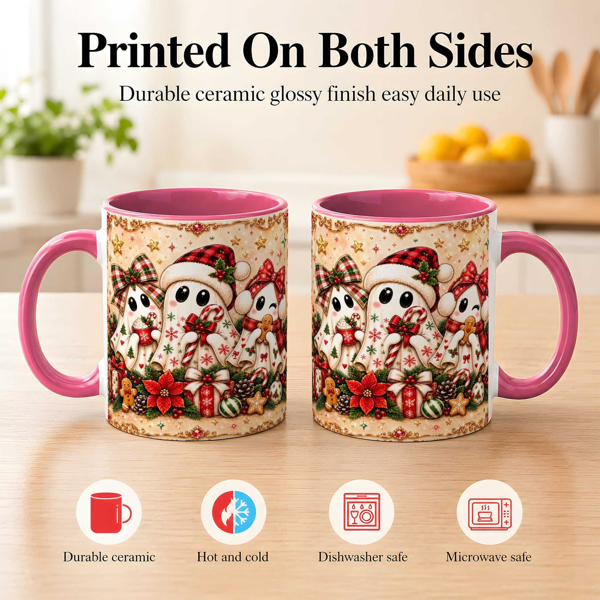 #pl[11oz|Pink] Christmas Ghost Trio Coffee Mug, Holiday Ghost Mug, Ceramic Cup