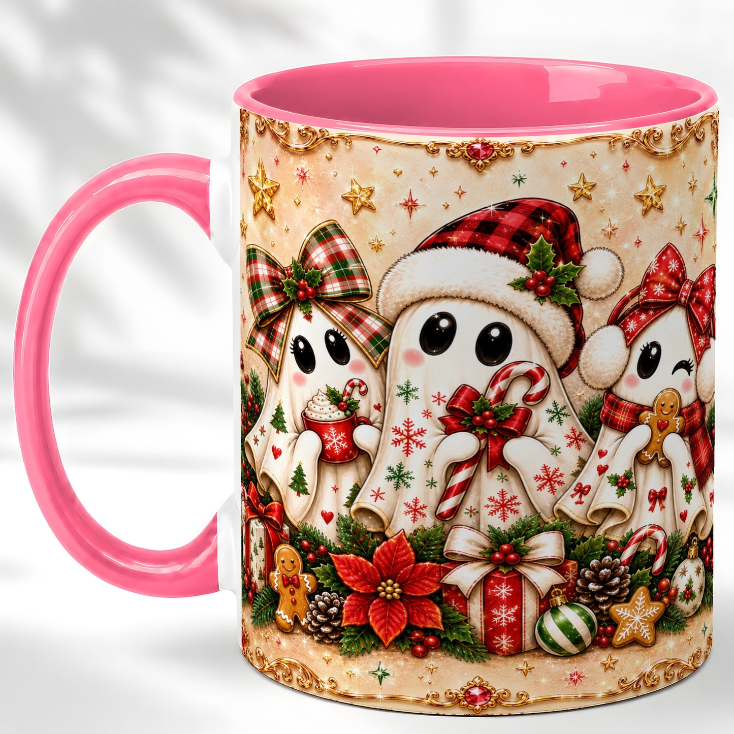 #pl[11oz|Pink] Christmas Ghost Trio Coffee Mug, Holiday Ghost Mug, Ceramic Cup