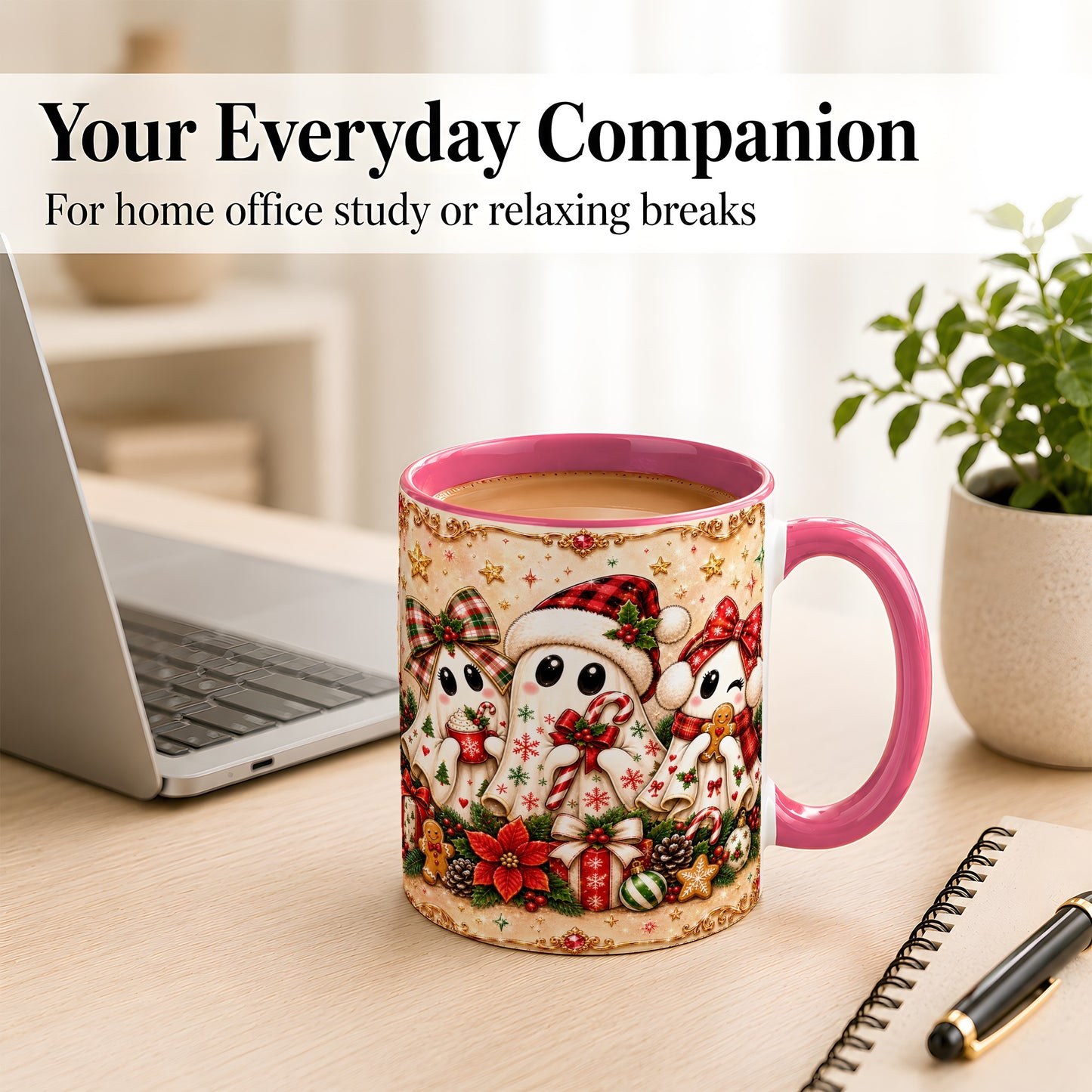 #pl[11oz|Pink] Christmas Ghost Trio Coffee Mug, Holiday Ghost Mug, Ceramic Cup