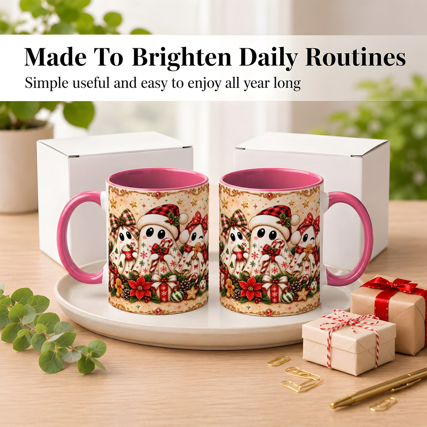 #pl[11oz|Pink] Christmas Ghost Trio Coffee Mug, Holiday Ghost Mug, Ceramic Cup