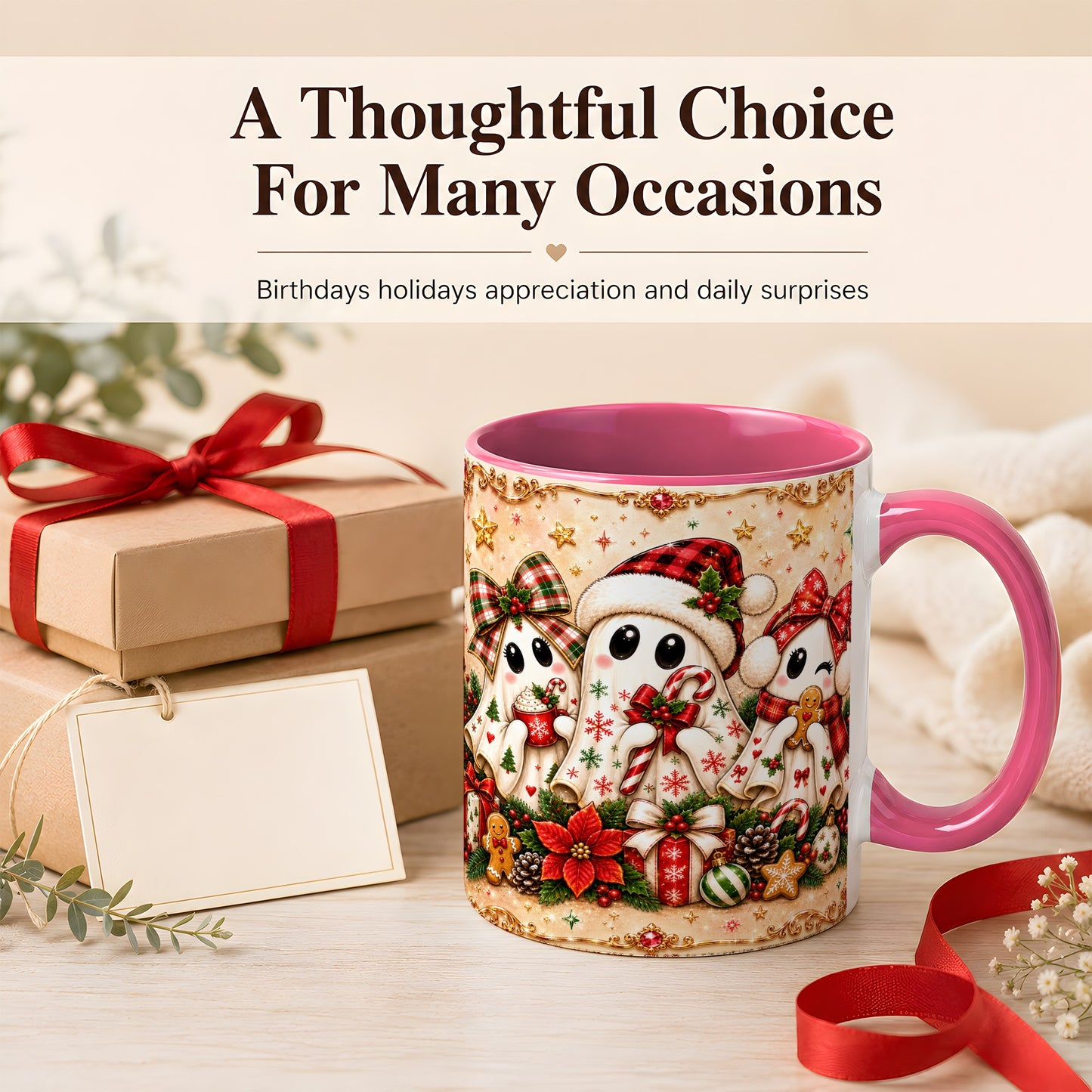 #pl[11oz|Pink] Christmas Ghost Trio Coffee Mug, Holiday Ghost Mug, Ceramic Cup