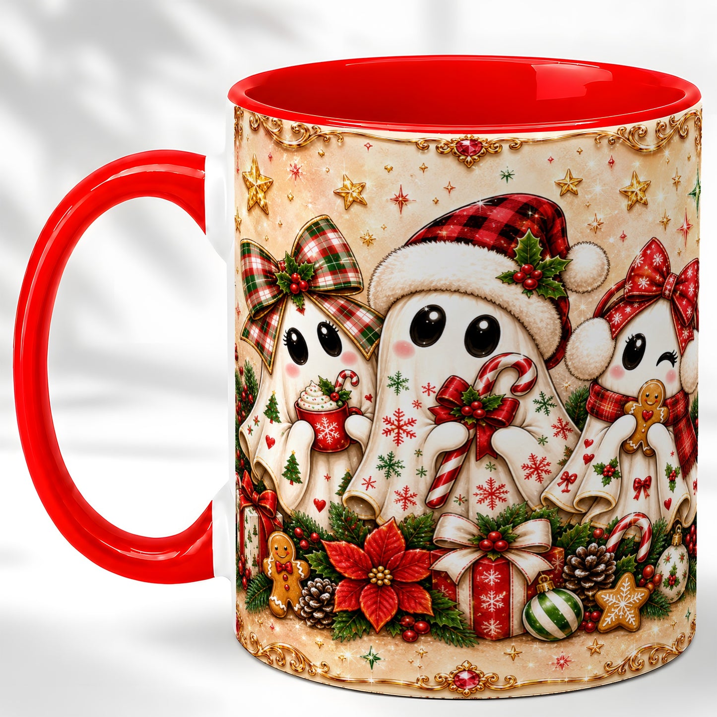 #pl[11oz|Red] Christmas Ghost Trio Coffee Mug, Holiday Ghost Mug, Ceramic Cup