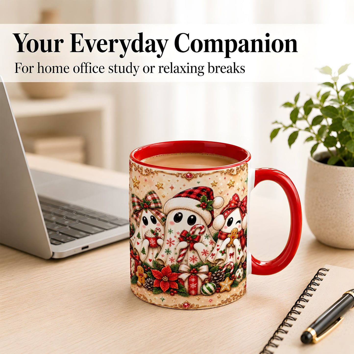 #pl[11oz|Red] Christmas Ghost Trio Coffee Mug, Holiday Ghost Mug, Ceramic Cup